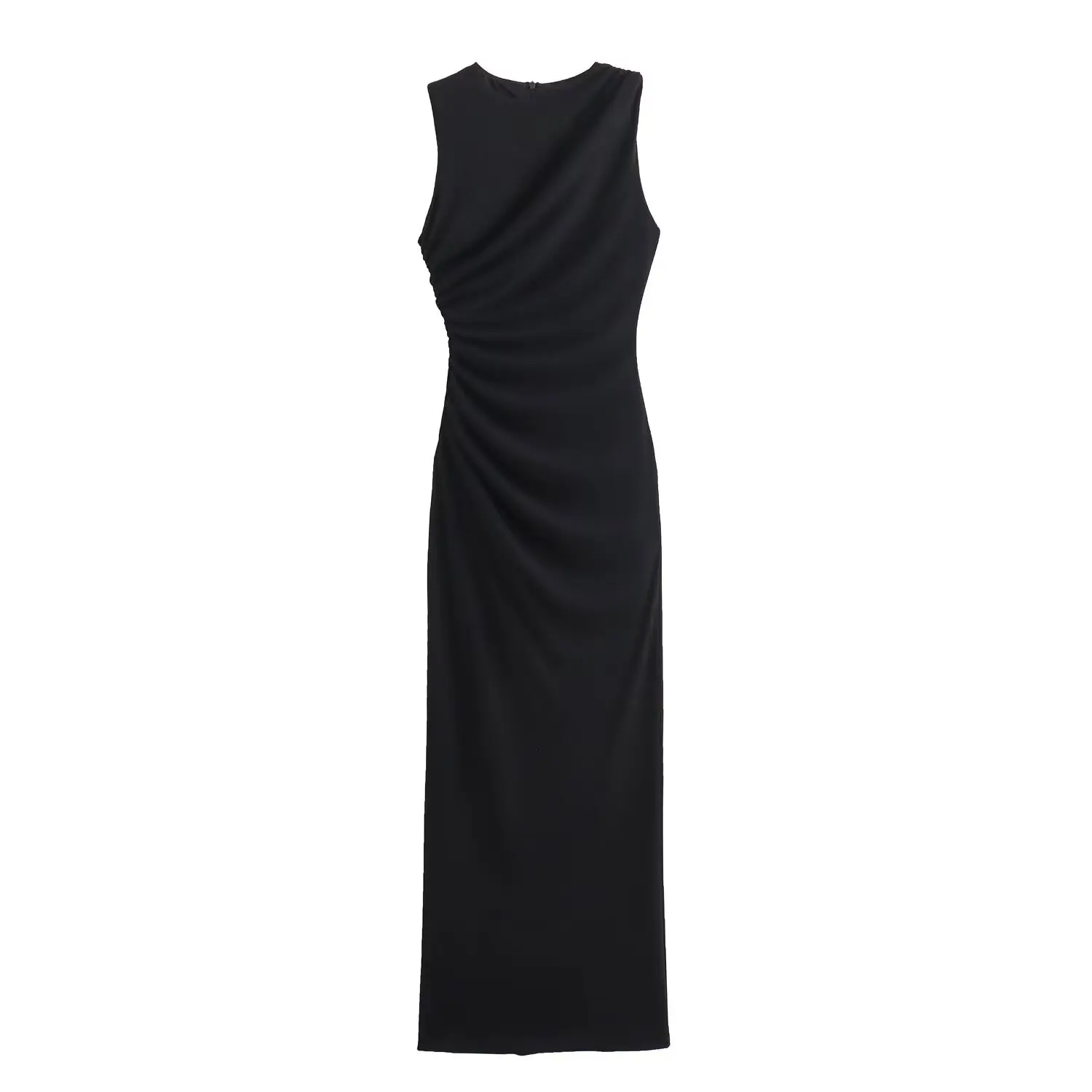BSAY Women Fashion Summer New White Pleated Back Zip Sleeveless Crewneck Vest Long Dress Chic Female Elegant Evening