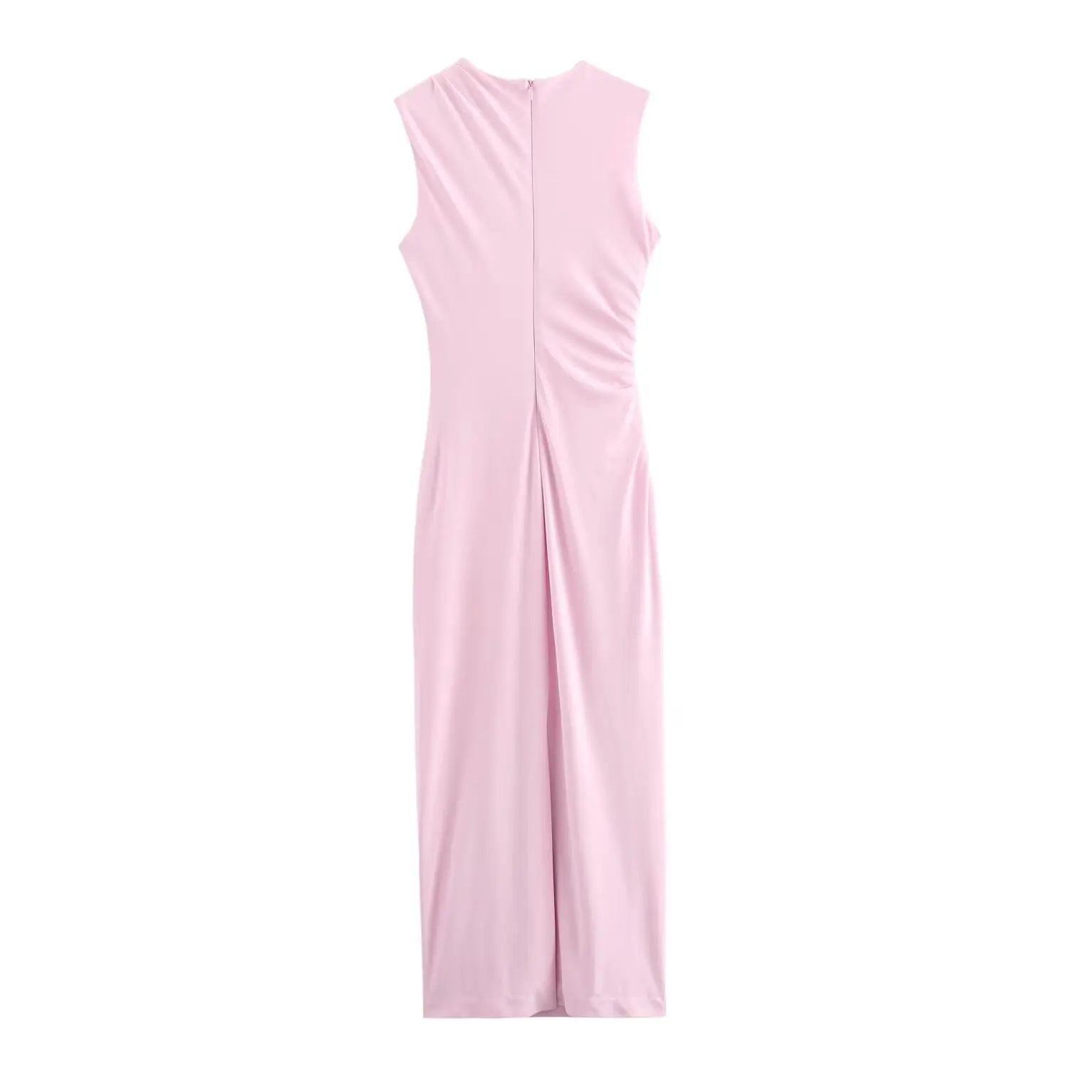 BSAY Women Fashion Summer New White Pleated Back Zip Sleeveless Crewneck Vest Long Dress Chic Female Elegant Evening