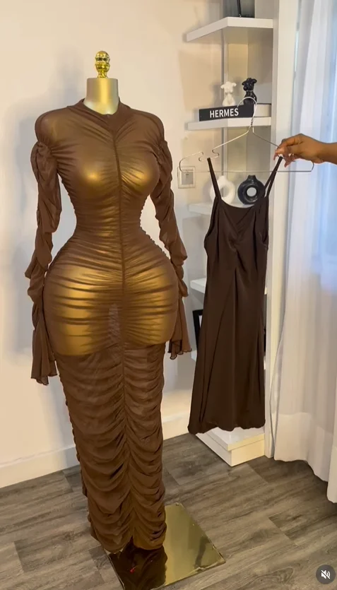 CM.YAYA Women Flare Long Sleeve Stacked Ruched Mesh See Though with Tank Dress Maxi Long Dress 2025 Birthday Sexy Party Dresses