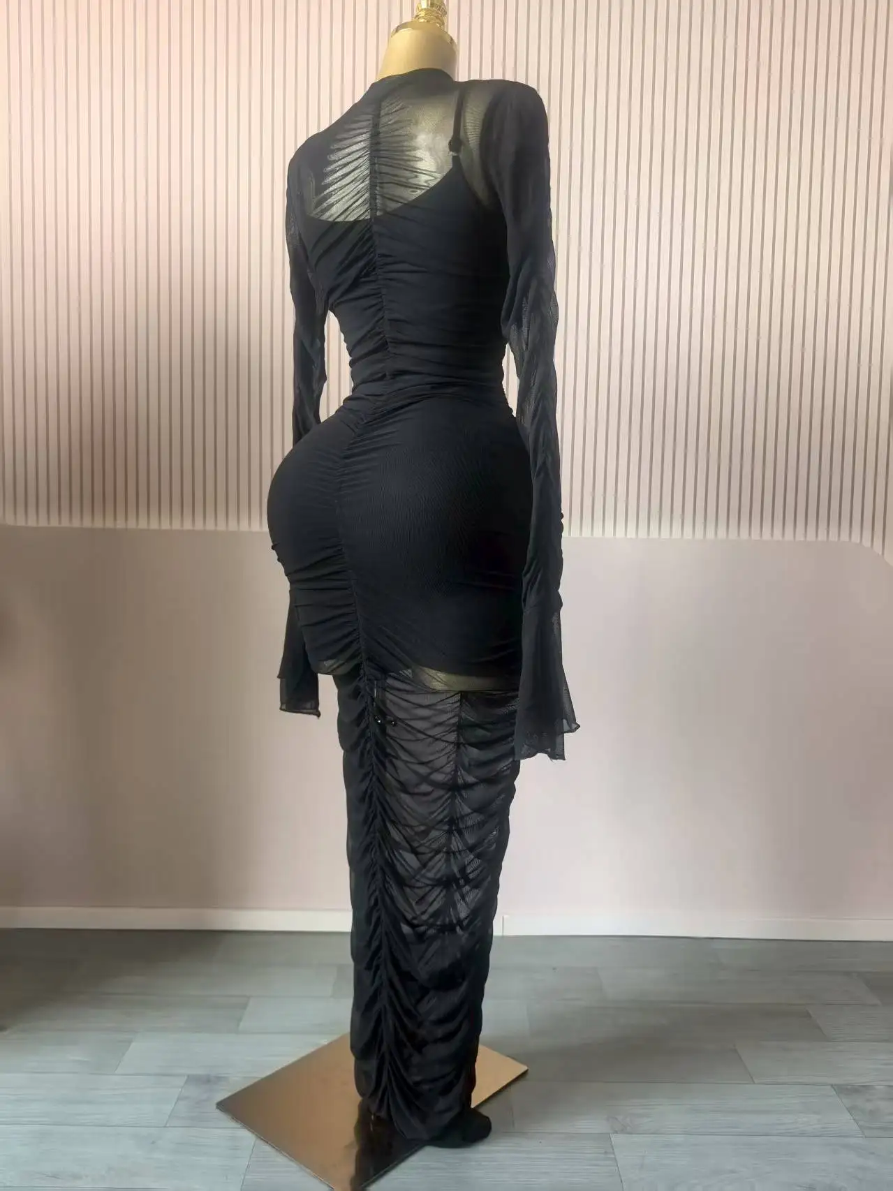 CM.YAYA Women Flare Long Sleeve Stacked Ruched Mesh See Though with Tank Dress Maxi Long Dress 2025 Birthday Sexy Party Dresses