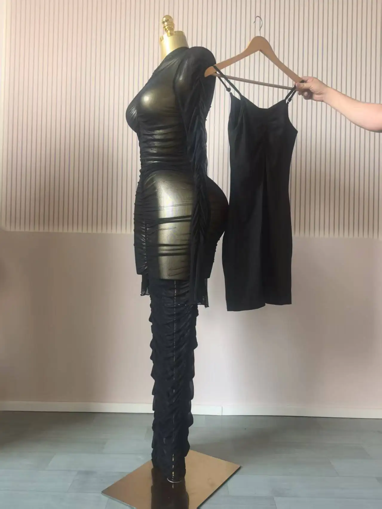 CM.YAYA Women Flare Long Sleeve Stacked Ruched Mesh See Though with Tank Dress Maxi Long Dress 2025 Birthday Sexy Party Dresses