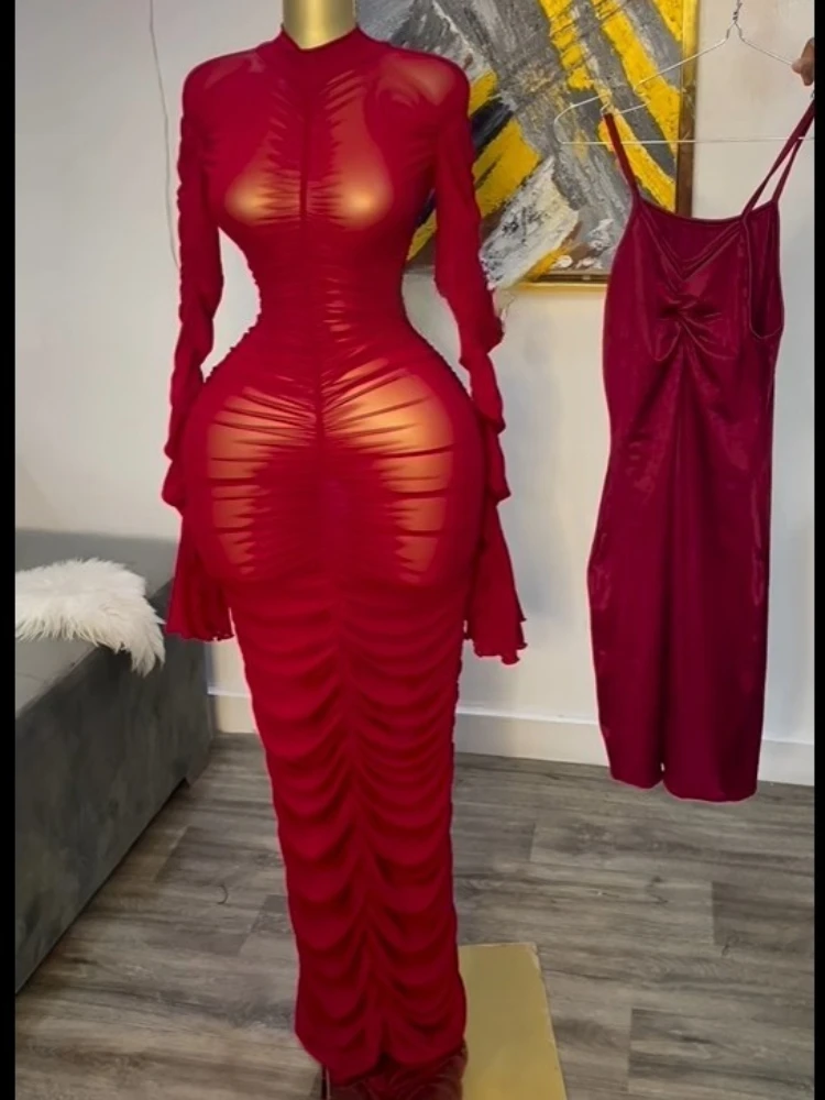 CM.YAYA Women Flare Long Sleeve Stacked Ruched Mesh See Though with Tank Dress Maxi Long Dress 2025 Birthday Sexy Party Dresses