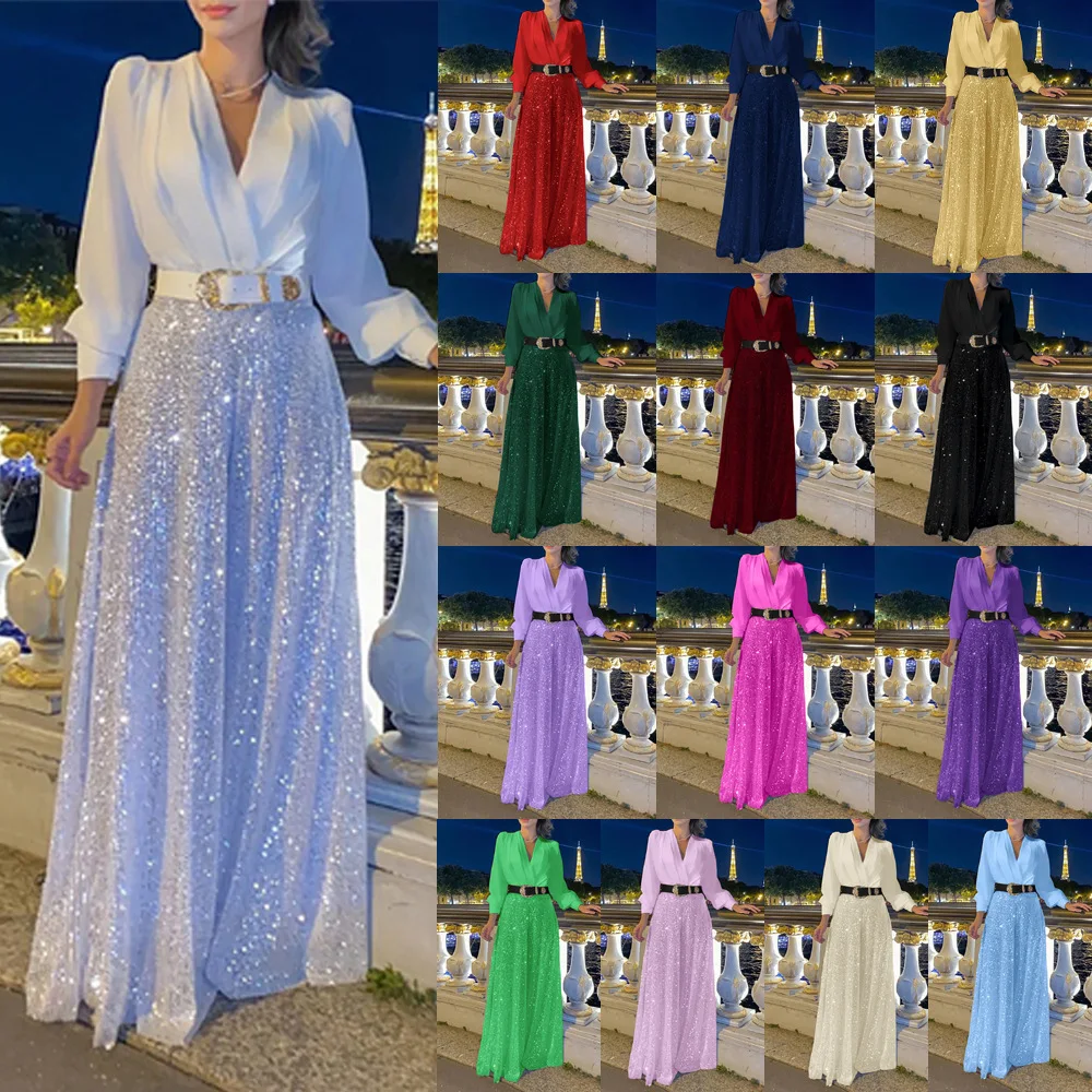 jumpsuit Women Spring Autumn, High-end V-neck Long Sleeved Shirt, Elegant Temperament, Cinched Waist, Sequins, French Wide Legs