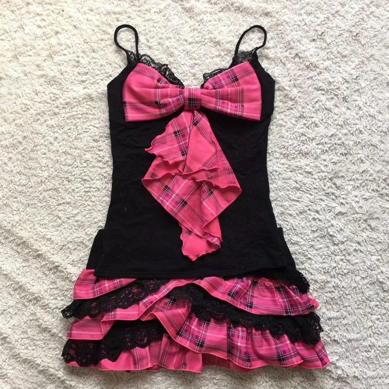 Streetwear Y2K Dress Lace Harajuku Graphic Print Casual Hip Hop A-line skirt Unique Frock Gothic Retro Punk Braces skirt Fashion