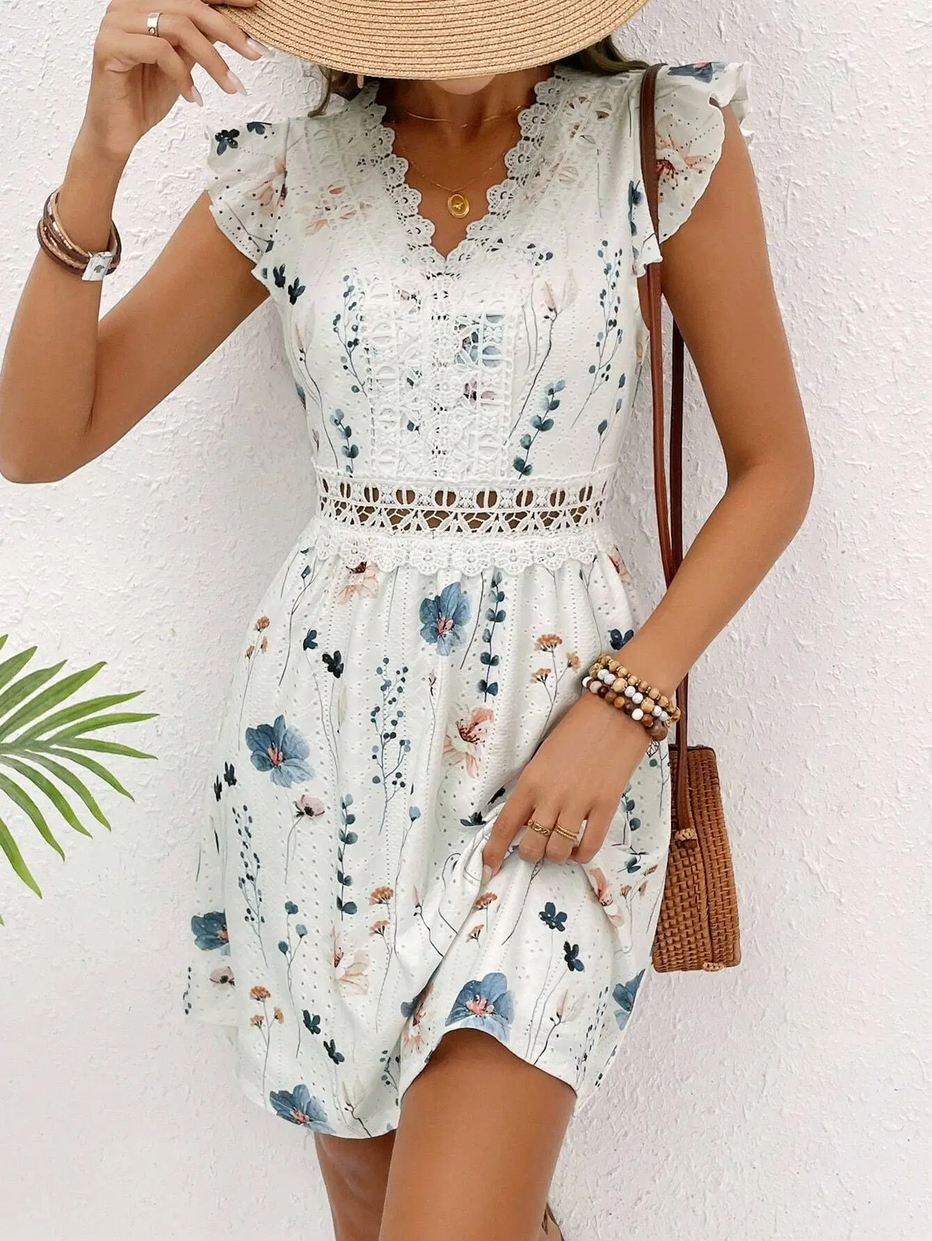 Summer Elegant Lace Mini Dress Women 2025 Fashion Sleevelesss A-line Floral Print V-neck Short Dresses Casual