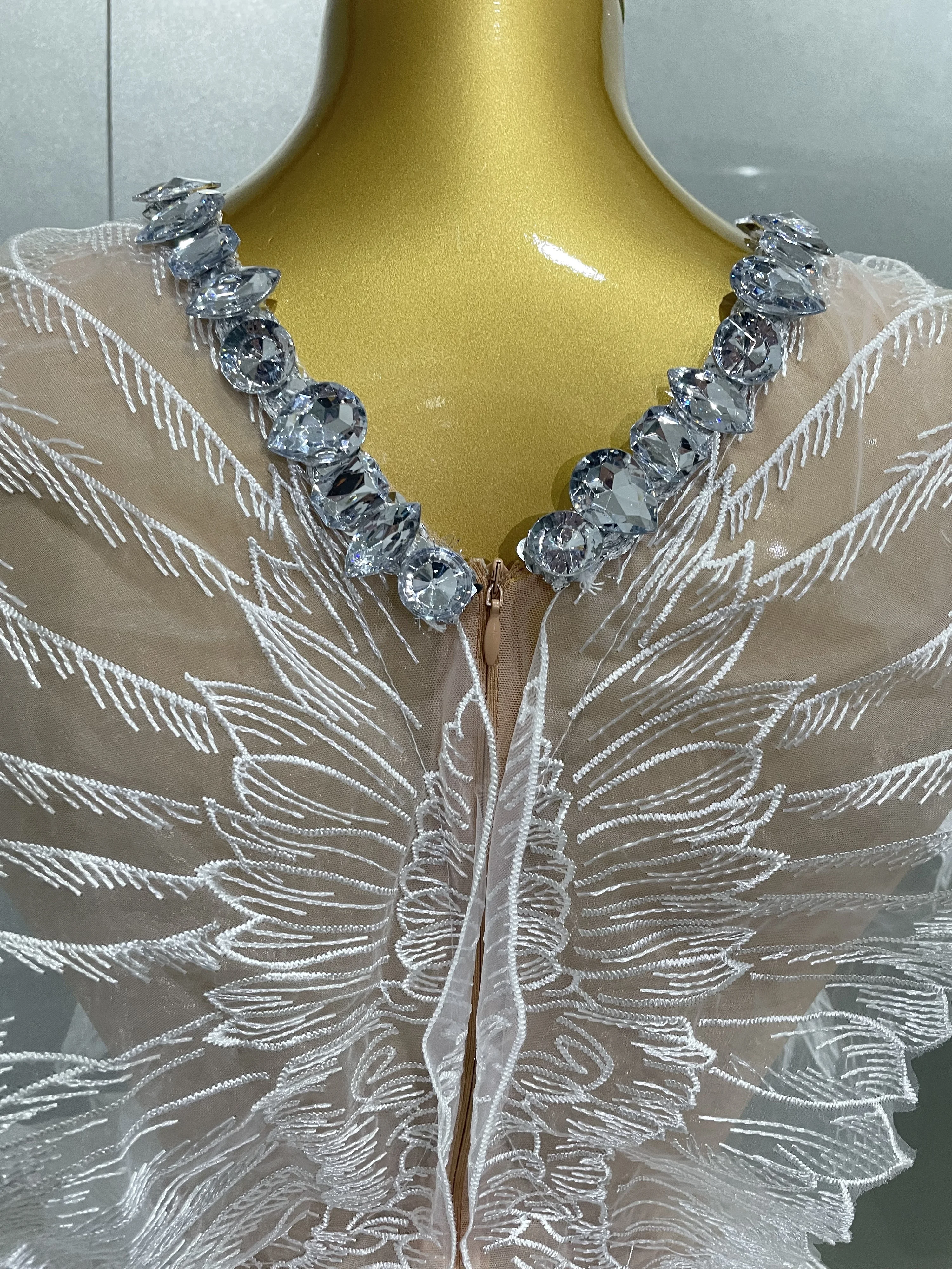 Sexy Shining Gold Crystal Transparent Wings Mini Dress 2025 Women Birthday Party Bar Nightclub Singer Stage Performance Costume