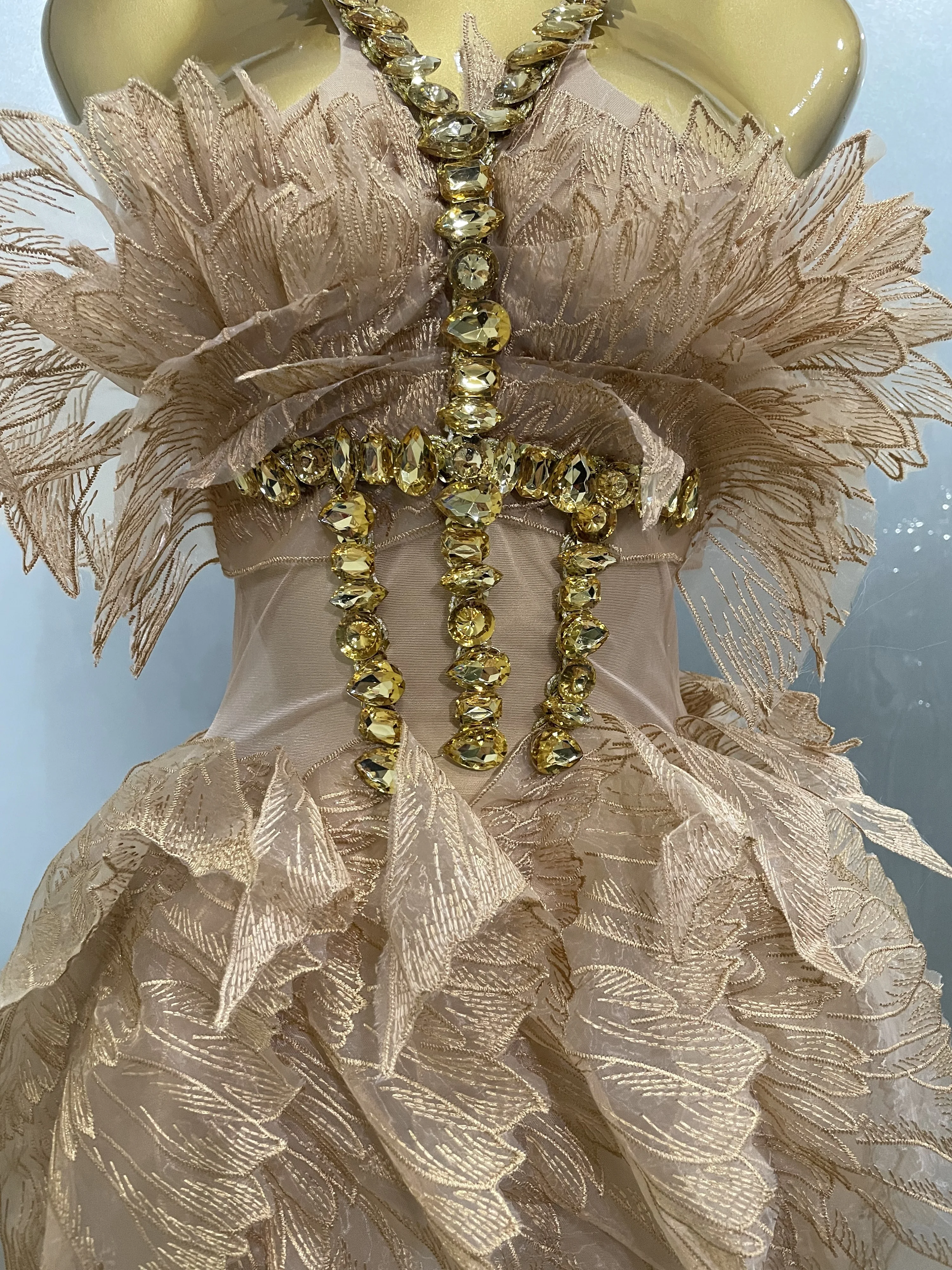 Sexy Shining Gold Crystal Transparent Wings Mini Dress 2025 Women Birthday Party Bar Nightclub Singer Stage Performance Costume