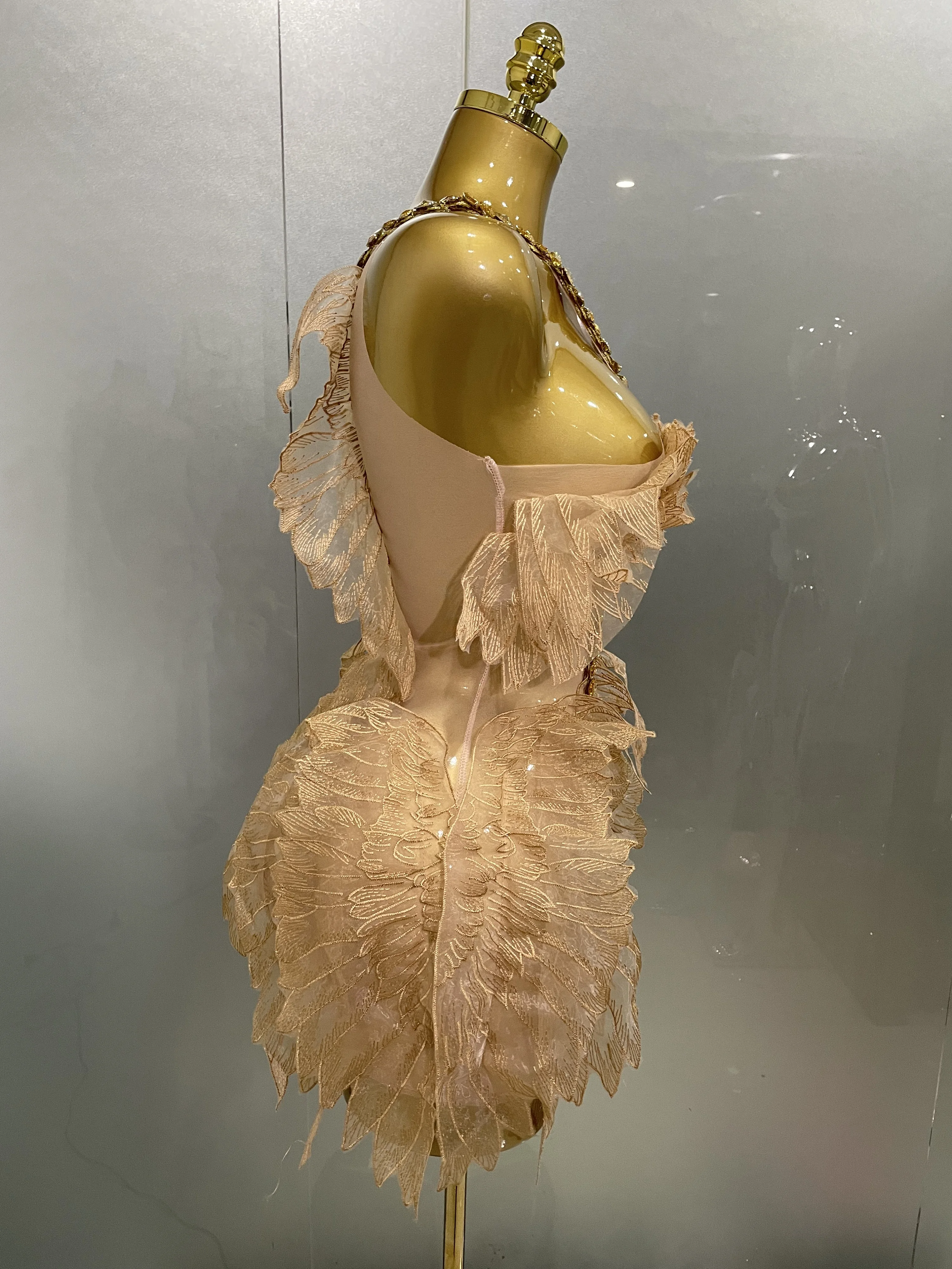 Sexy Shining Gold Crystal Transparent Wings Mini Dress 2025 Women Birthday Party Bar Nightclub Singer Stage Performance Costume