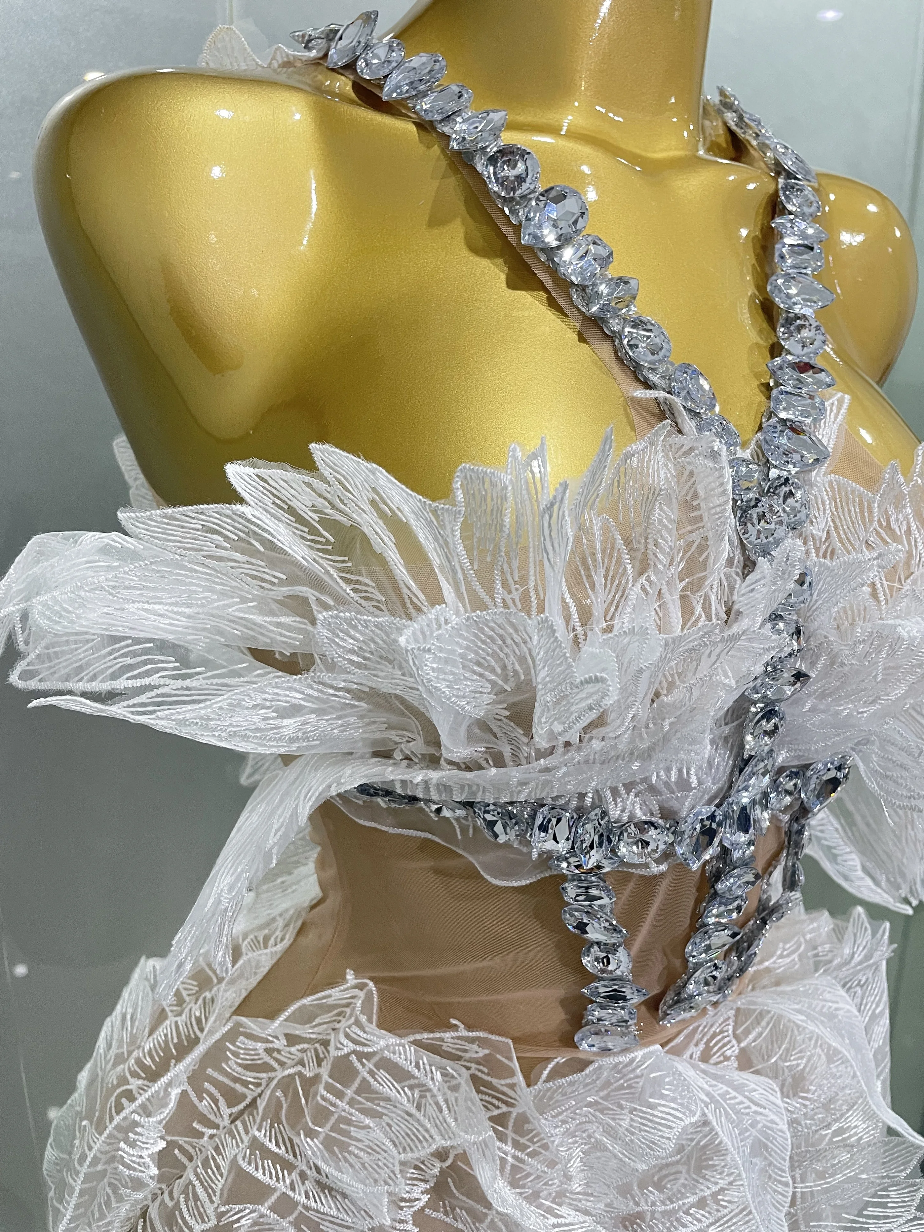 Sexy Shining Gold Crystal Transparent Wings Mini Dress 2025 Women Birthday Party Bar Nightclub Singer Stage Performance Costume
