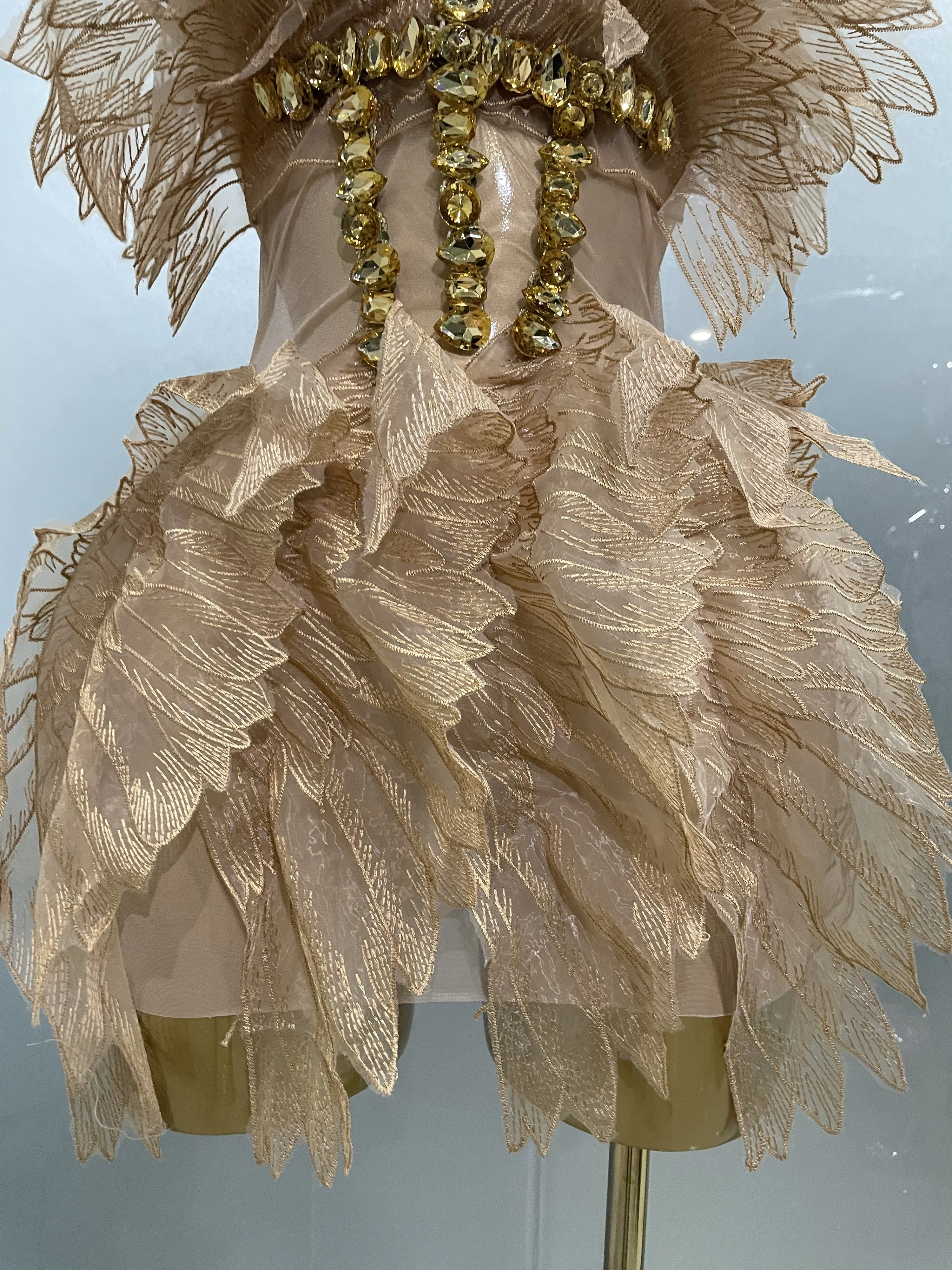 Sexy Shining Gold Crystal Transparent Wings Mini Dress 2025 Women Birthday Party Bar Nightclub Singer Stage Performance Costume
