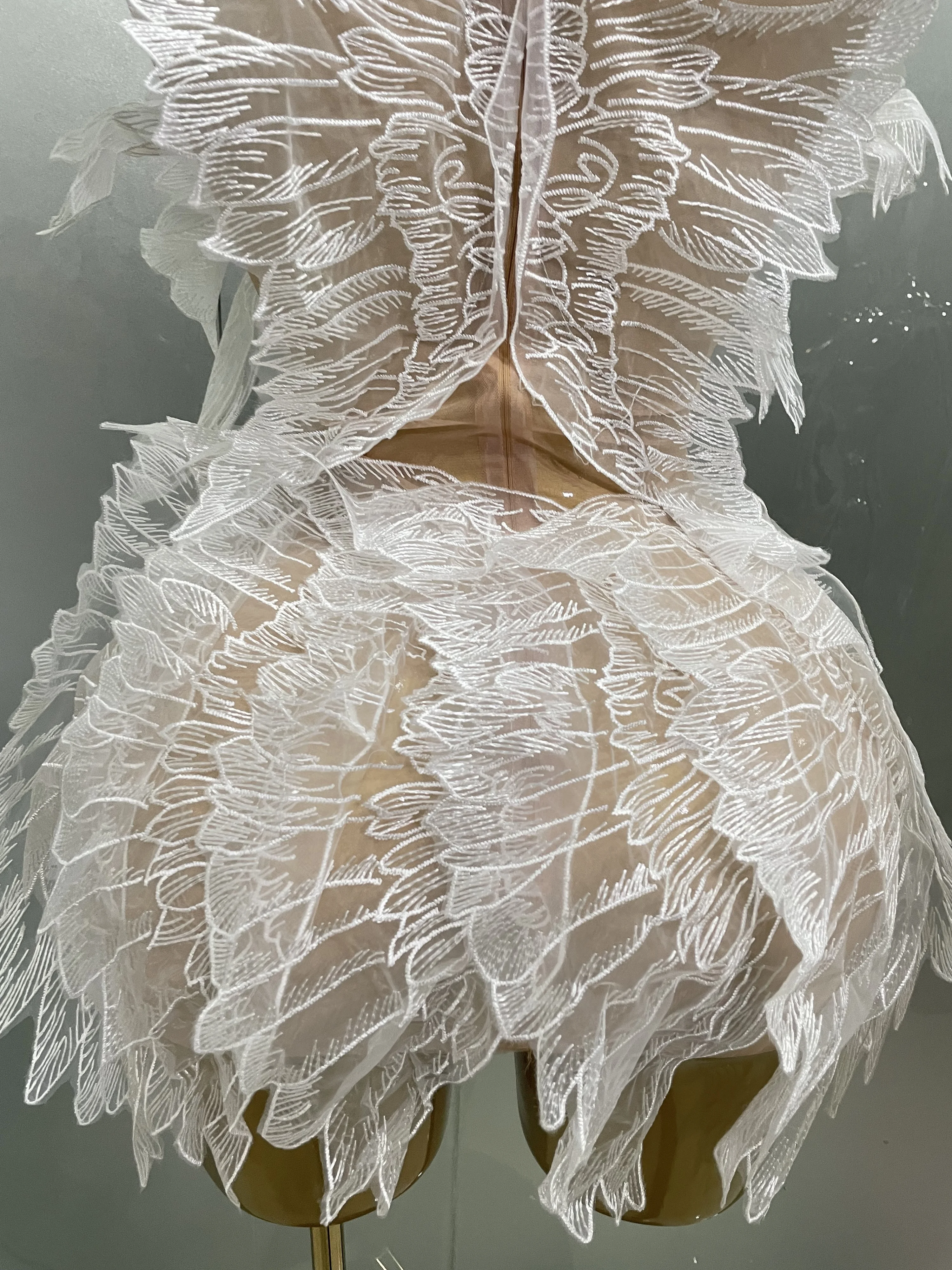 Sexy Shining Gold Crystal Transparent Wings Mini Dress 2025 Women Birthday Party Bar Nightclub Singer Stage Performance Costume