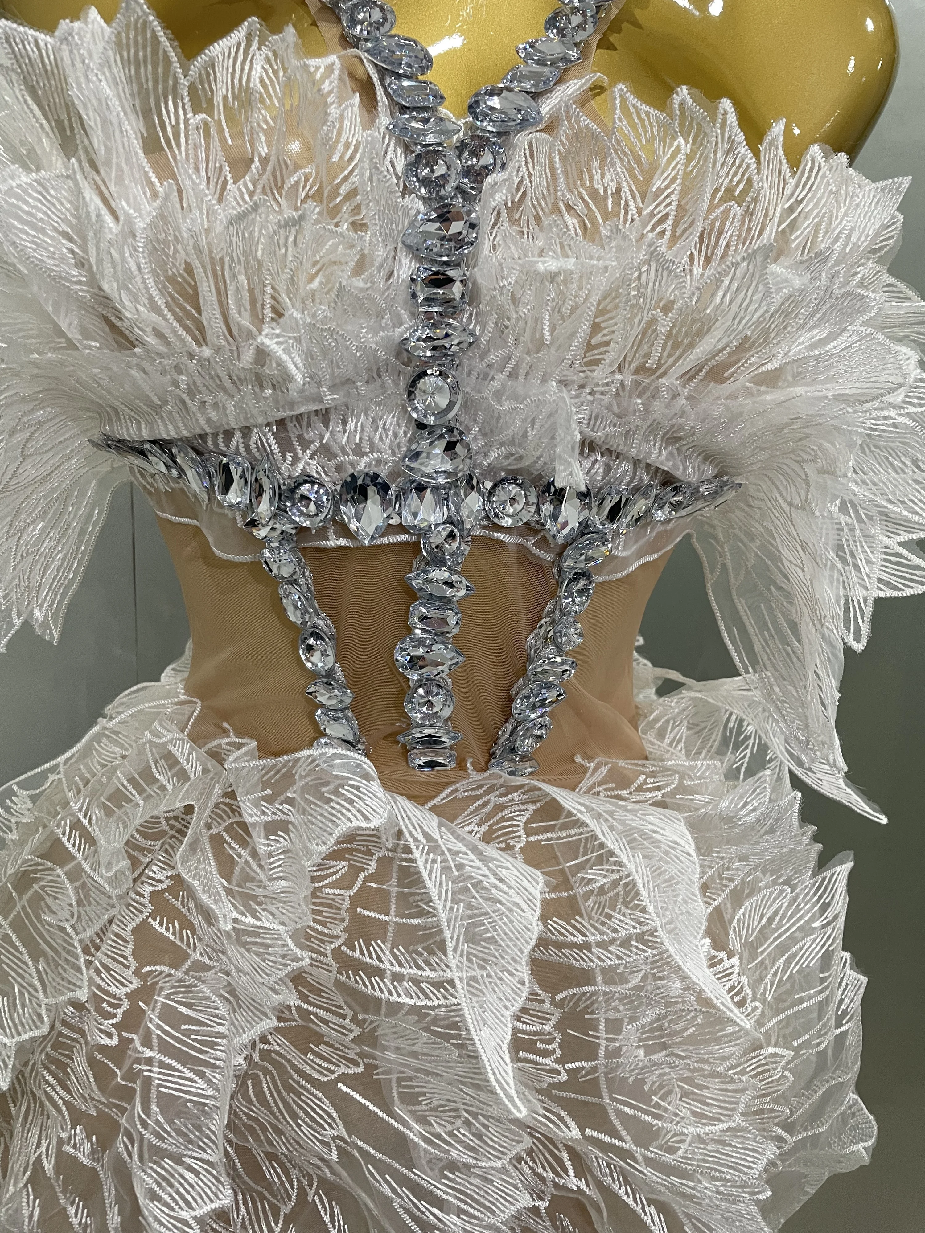 Sexy Shining Gold Crystal Transparent Wings Mini Dress 2025 Women Birthday Party Bar Nightclub Singer Stage Performance Costume