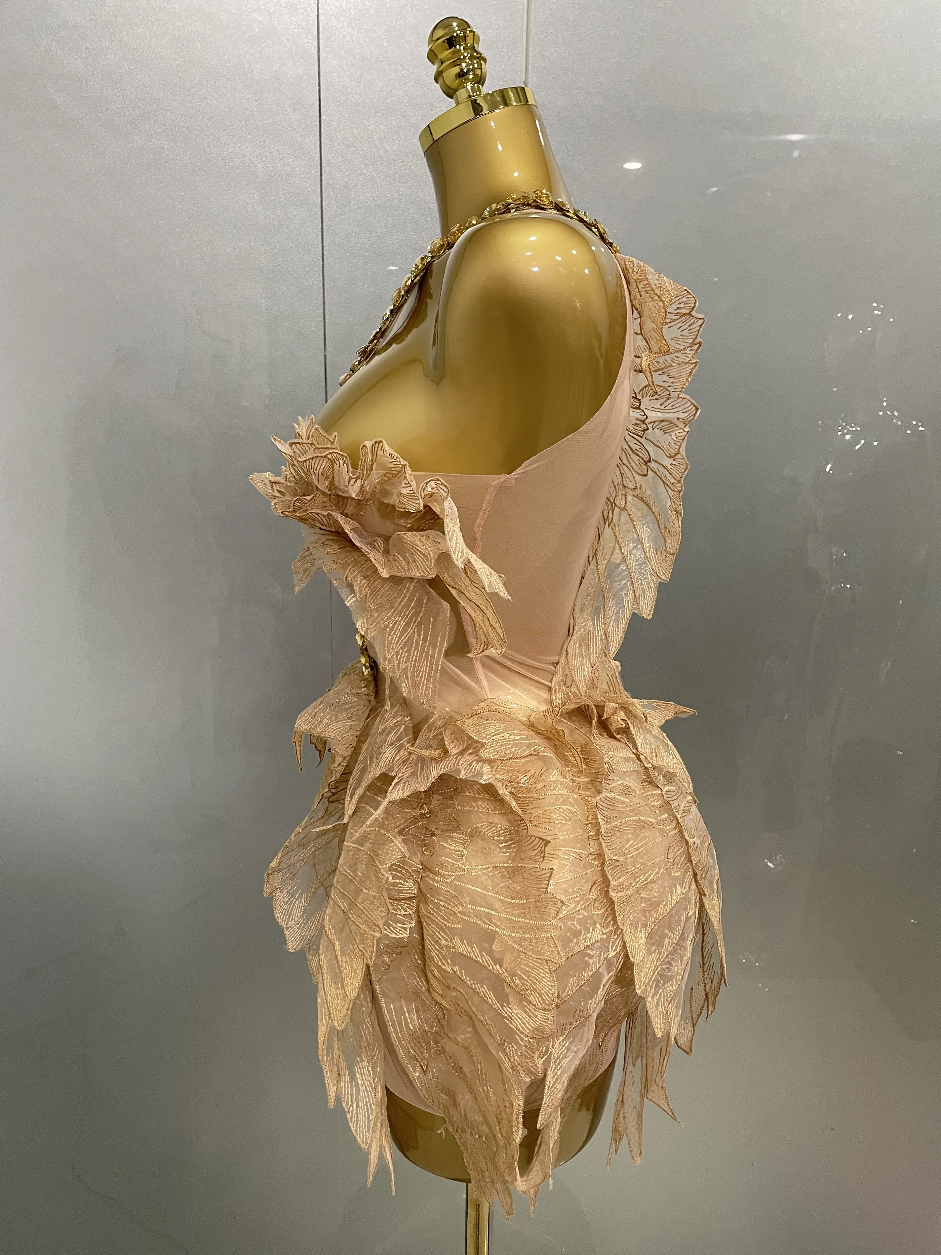 Sexy Shining Gold Crystal Transparent Wings Mini Dress 2025 Women Birthday Party Bar Nightclub Singer Stage Performance Costume