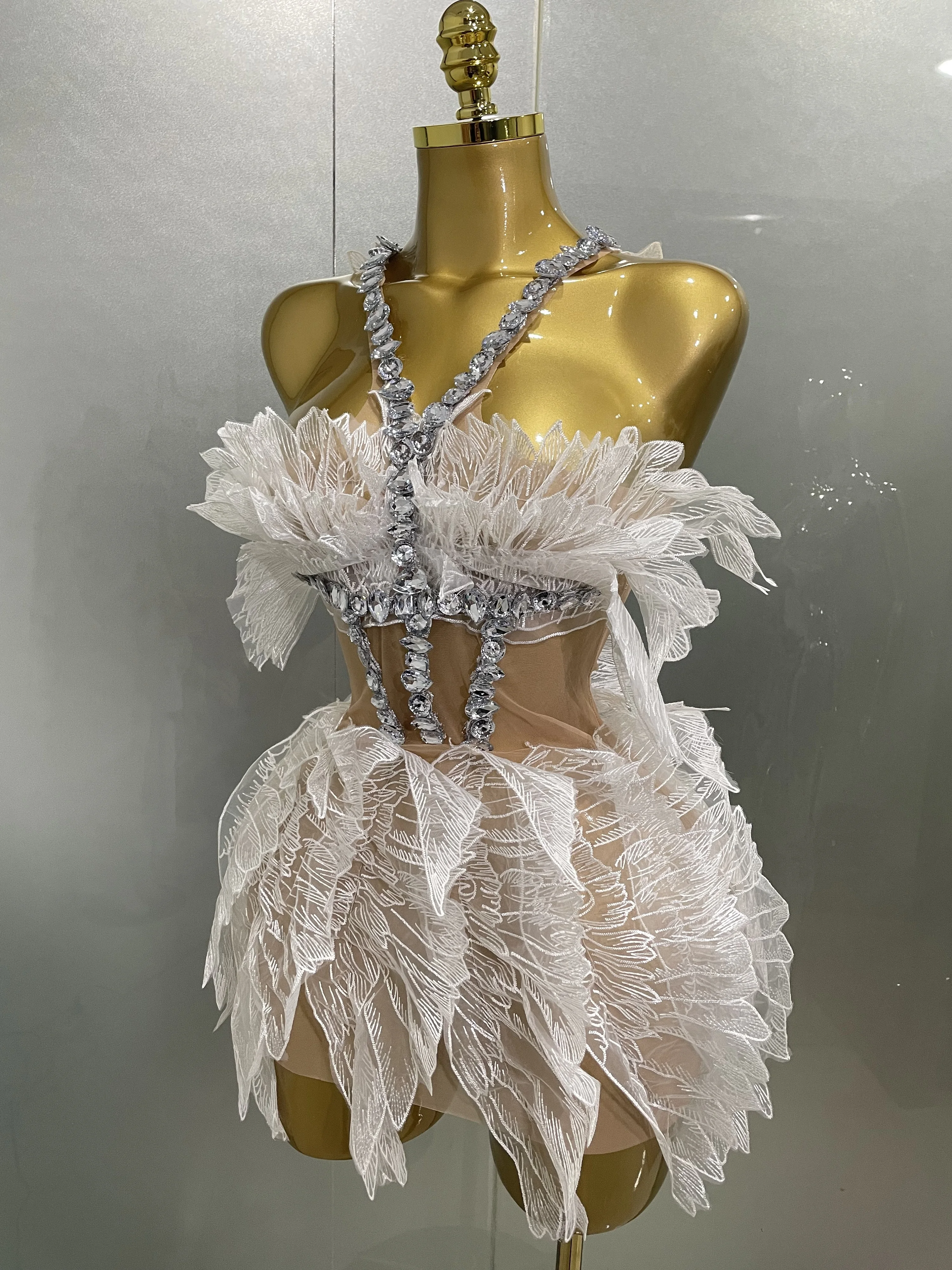 Sexy Shining Gold Crystal Transparent Wings Mini Dress 2025 Women Birthday Party Bar Nightclub Singer Stage Performance Costume