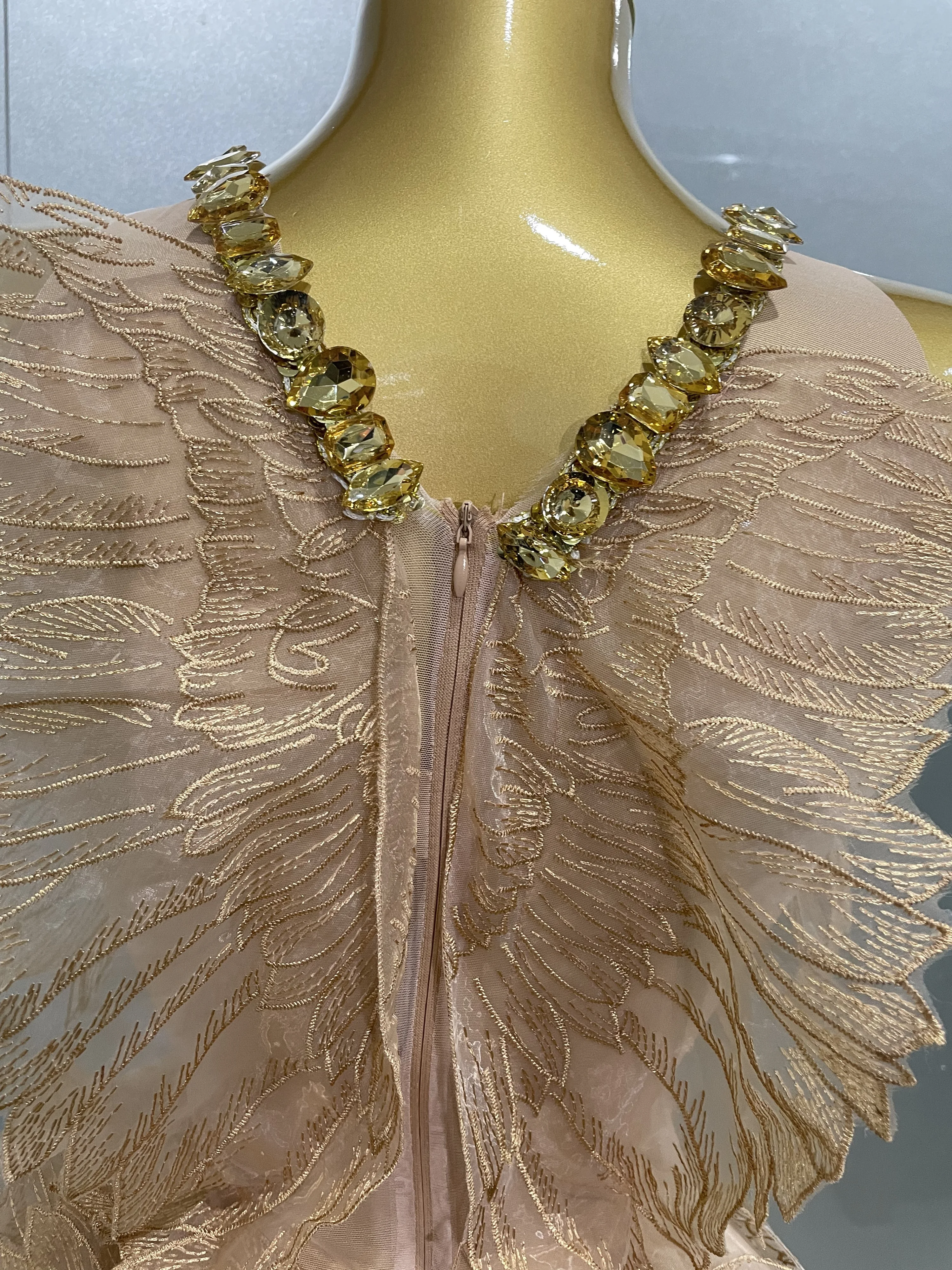 Sexy Shining Gold Crystal Transparent Wings Mini Dress 2025 Women Birthday Party Bar Nightclub Singer Stage Performance Costume