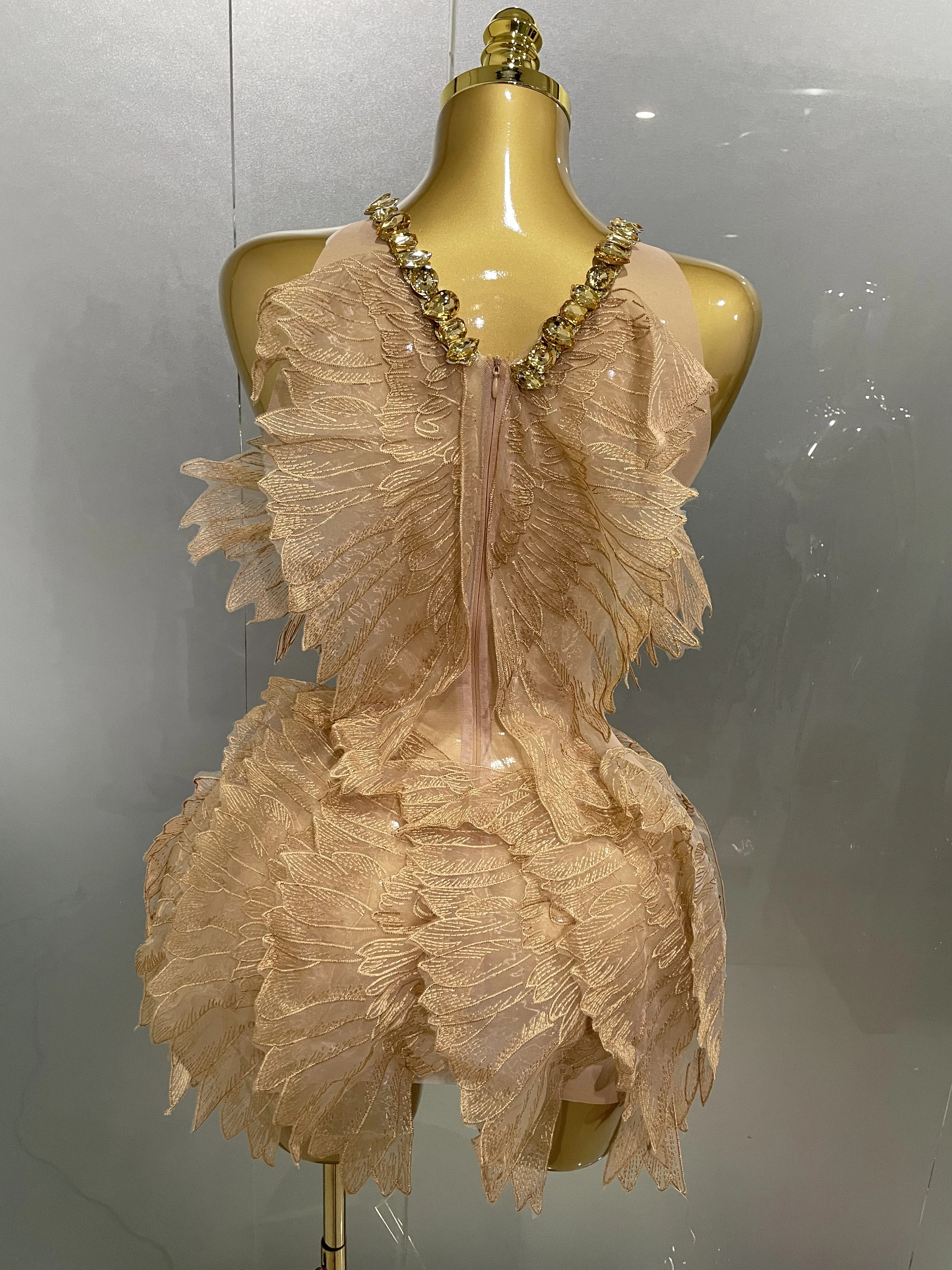 Sexy Shining Gold Crystal Transparent Wings Mini Dress 2025 Women Birthday Party Bar Nightclub Singer Stage Performance Costume