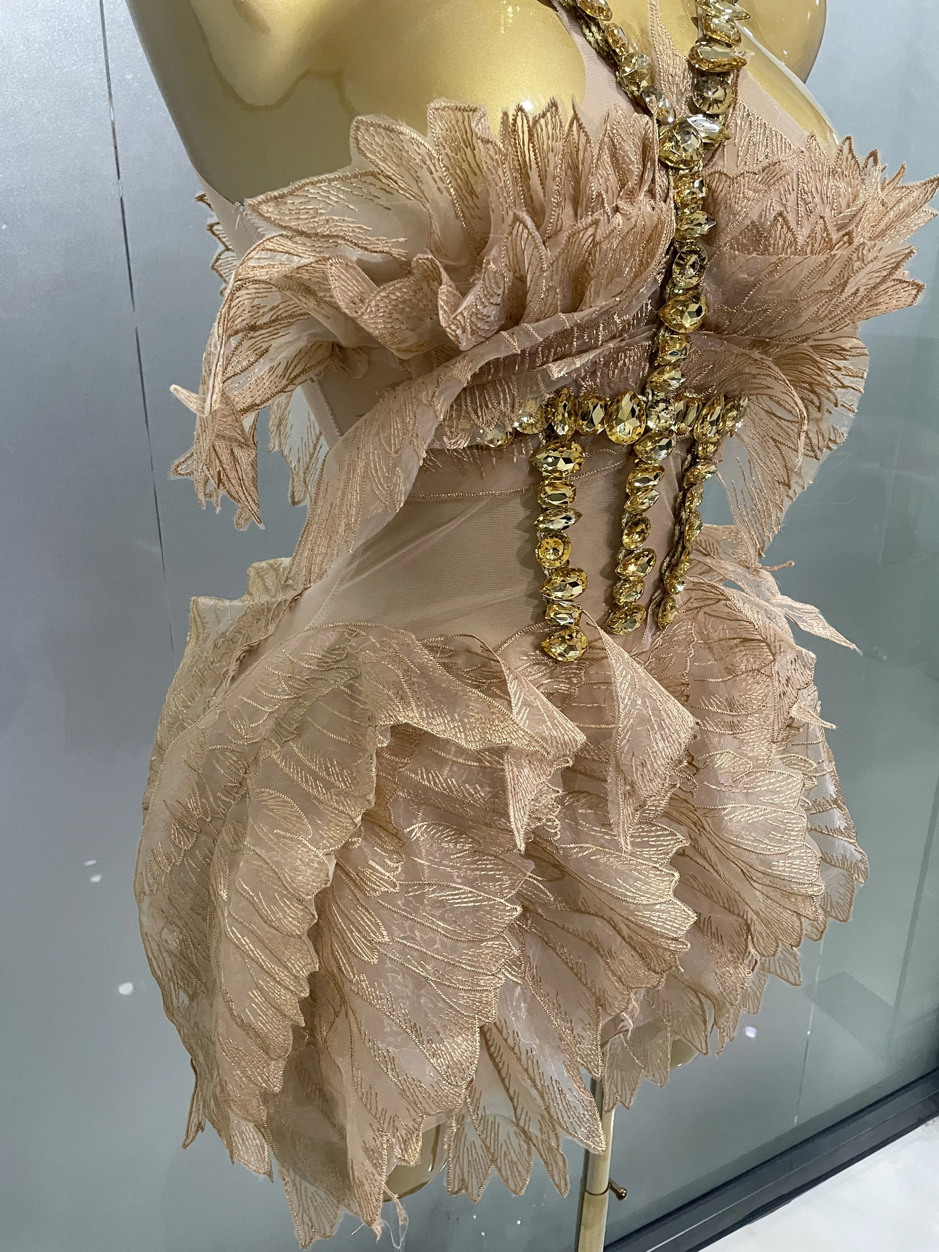 Sexy Shining Gold Crystal Transparent Wings Mini Dress 2025 Women Birthday Party Bar Nightclub Singer Stage Performance Costume
