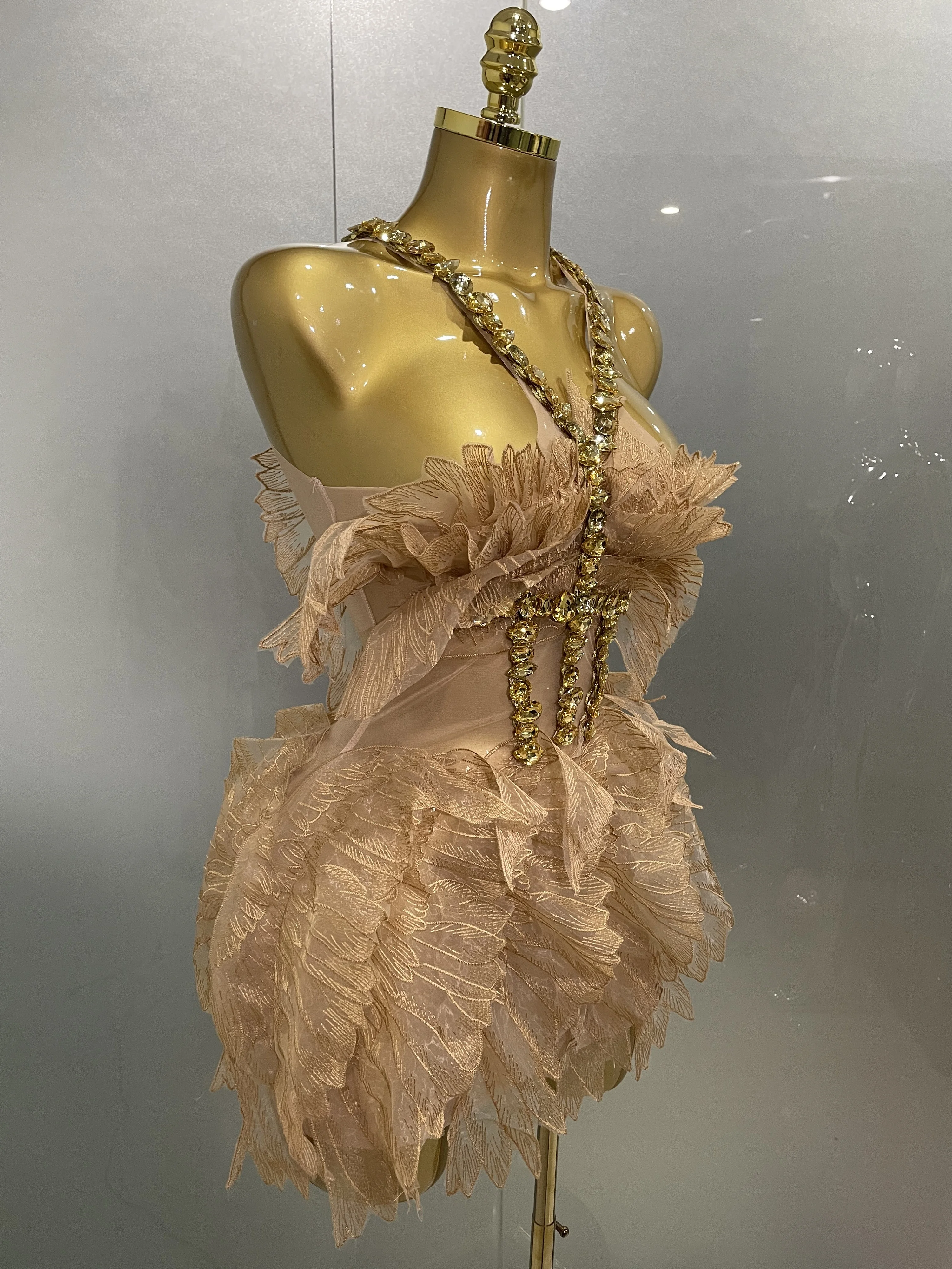 Sexy Shining Gold Crystal Transparent Wings Mini Dress 2025 Women Birthday Party Bar Nightclub Singer Stage Performance Costume