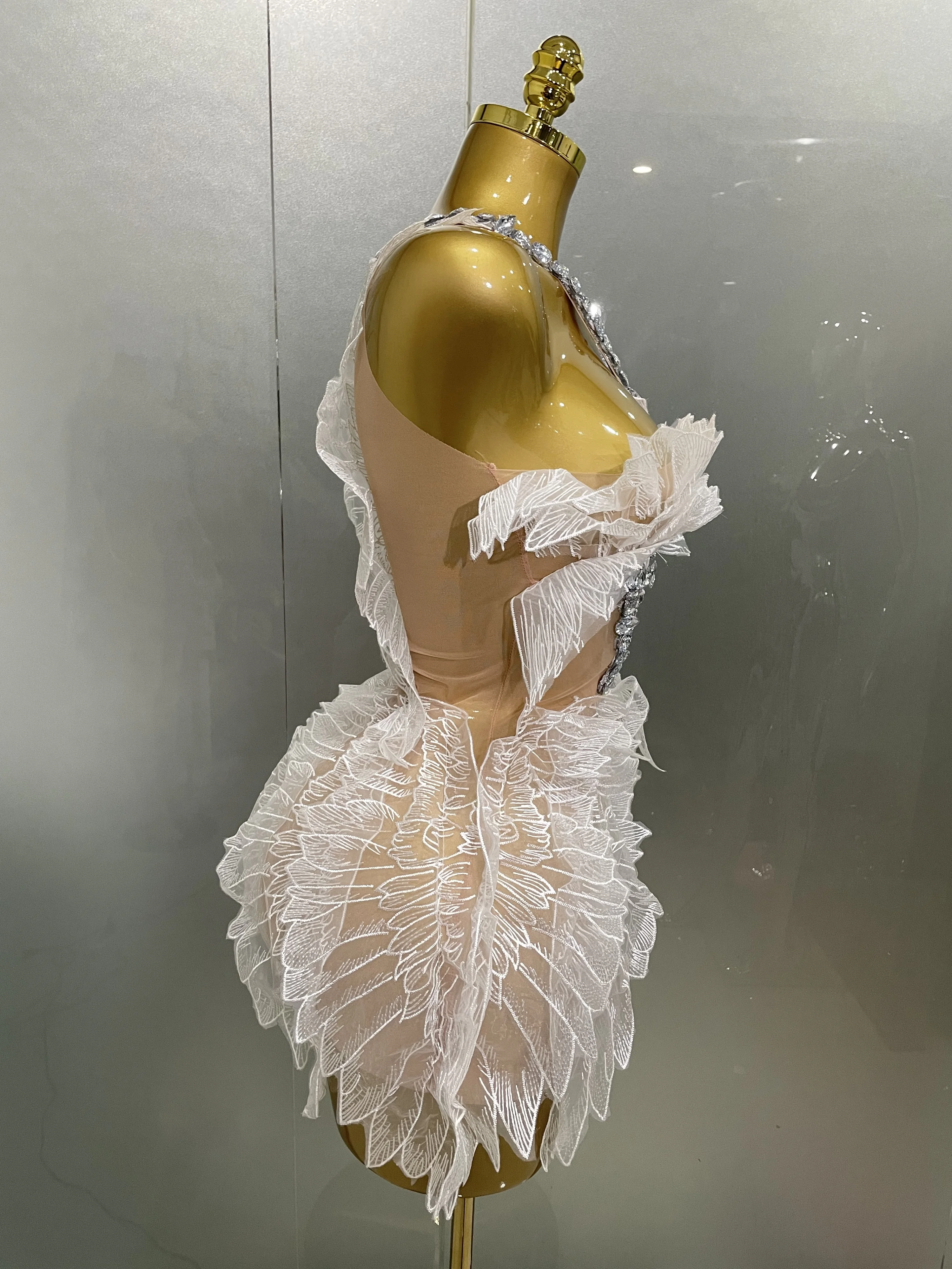 Sexy Shining Gold Crystal Transparent Wings Mini Dress 2025 Women Birthday Party Bar Nightclub Singer Stage Performance Costume