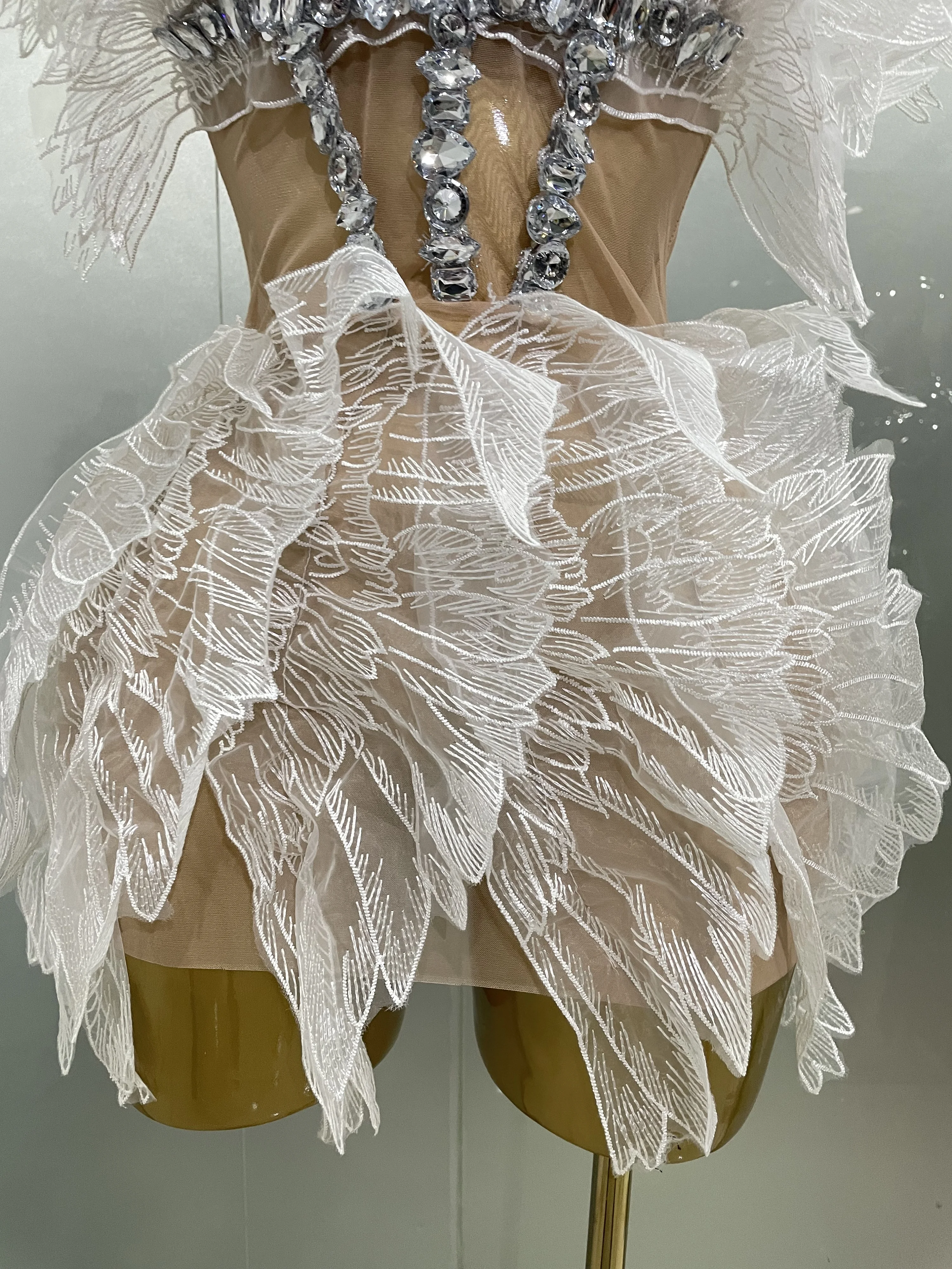 Sexy Shining Gold Crystal Transparent Wings Mini Dress 2025 Women Birthday Party Bar Nightclub Singer Stage Performance Costume