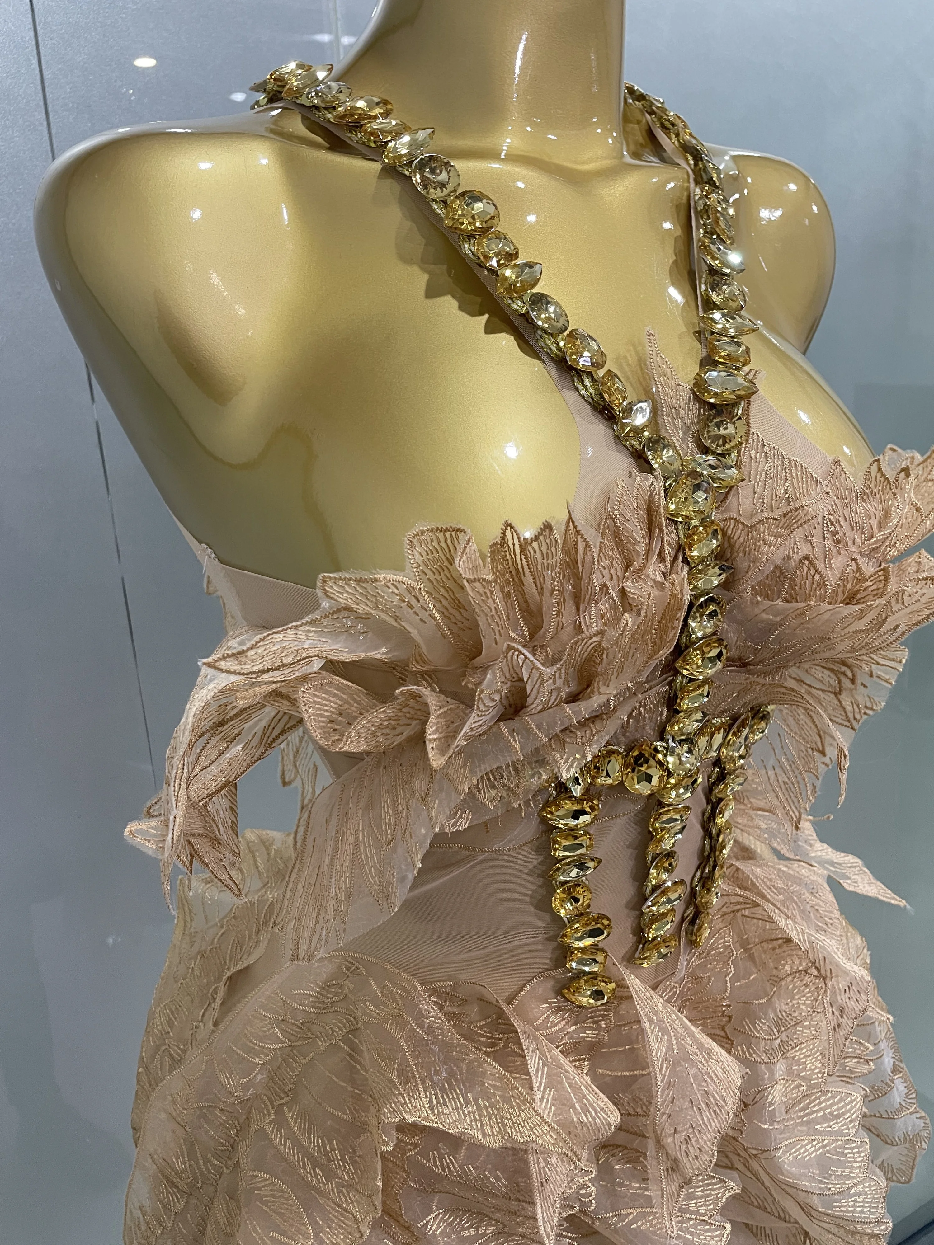 Sexy Shining Gold Crystal Transparent Wings Mini Dress 2025 Women Birthday Party Bar Nightclub Singer Stage Performance Costume