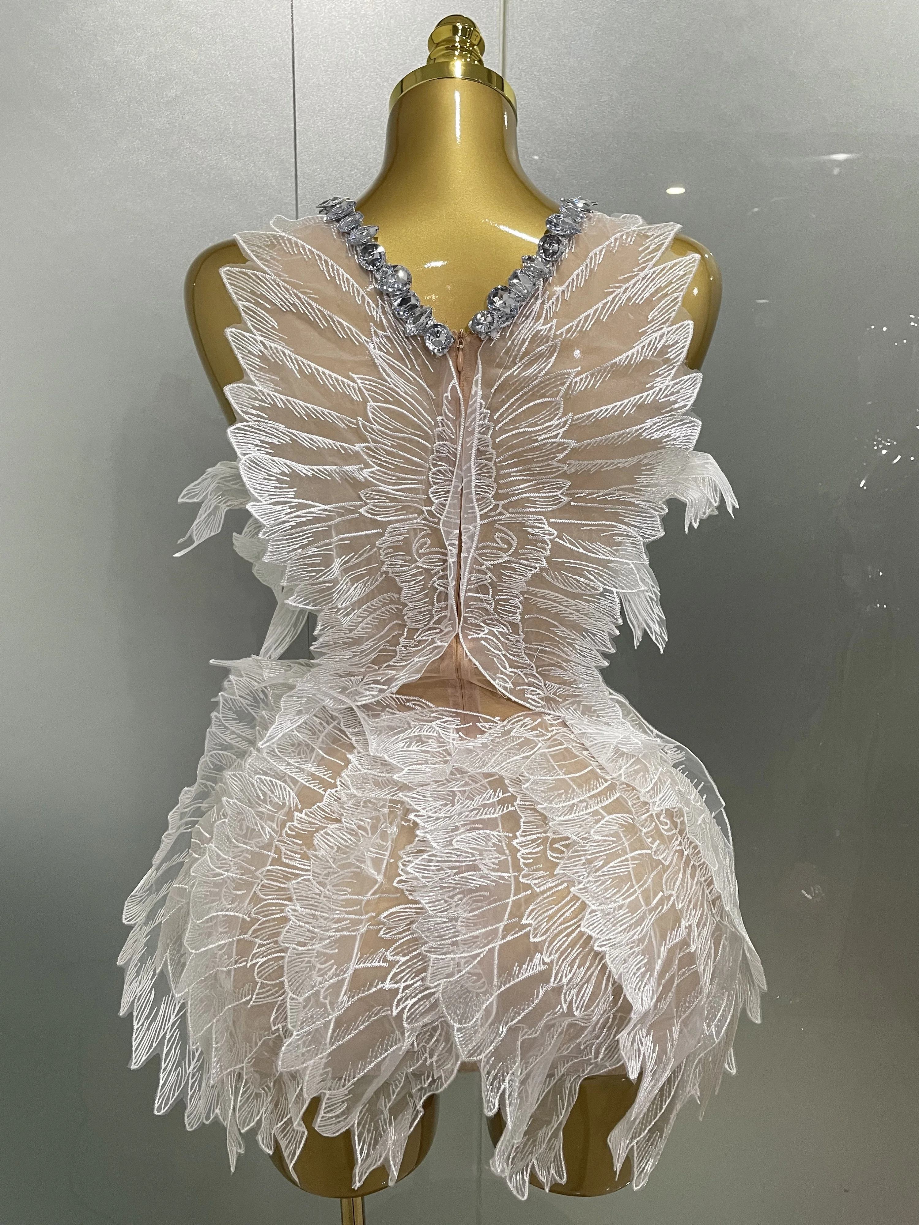 Sexy Shining Gold Crystal Transparent Wings Mini Dress 2025 Women Birthday Party Bar Nightclub Singer Stage Performance Costume