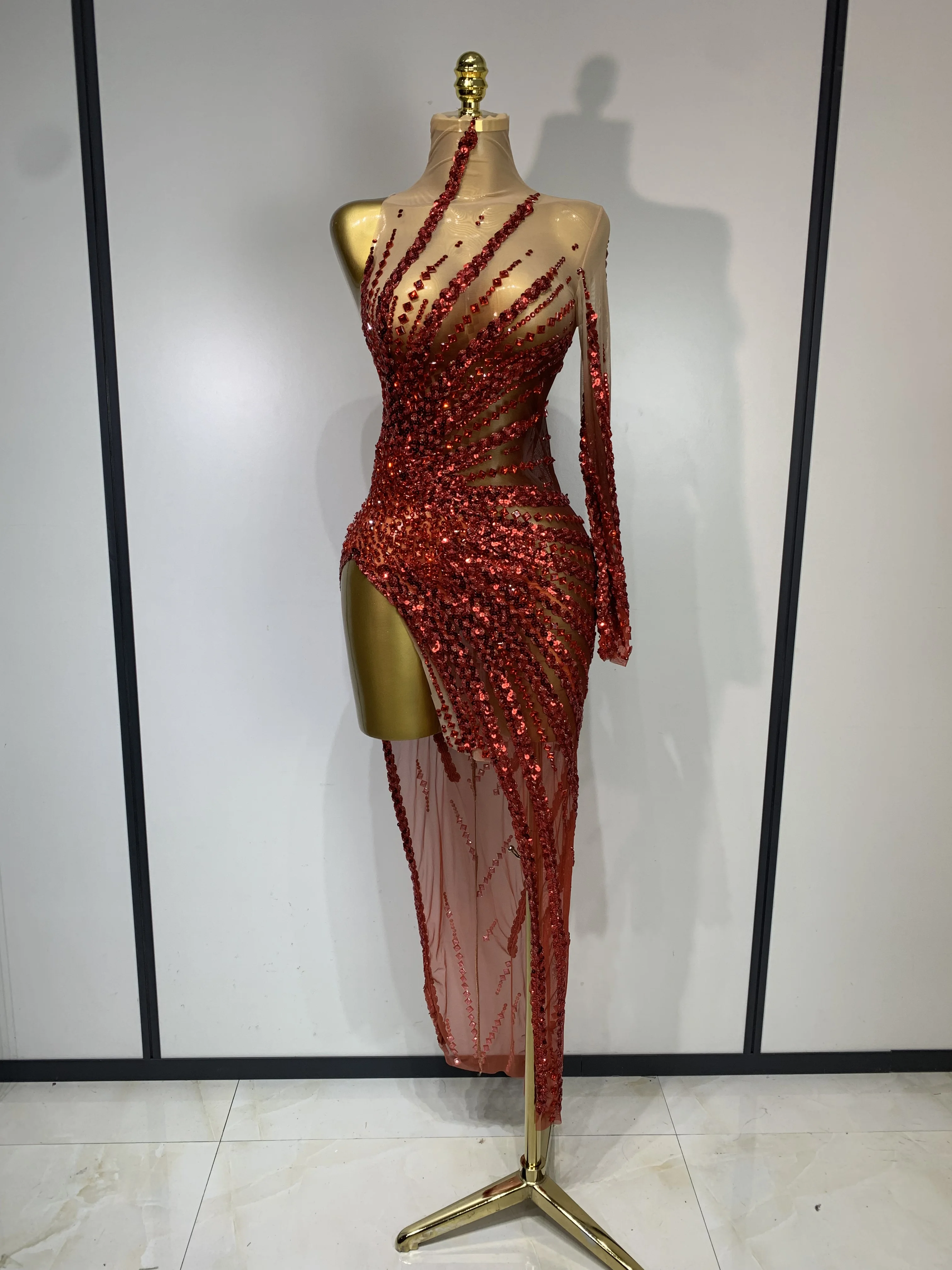 Sexy Red Mesh See Through Diamonds Sequins Dress Luxury Birthday Evening Party Costume Bar Nightclub Stage Performance Outfit