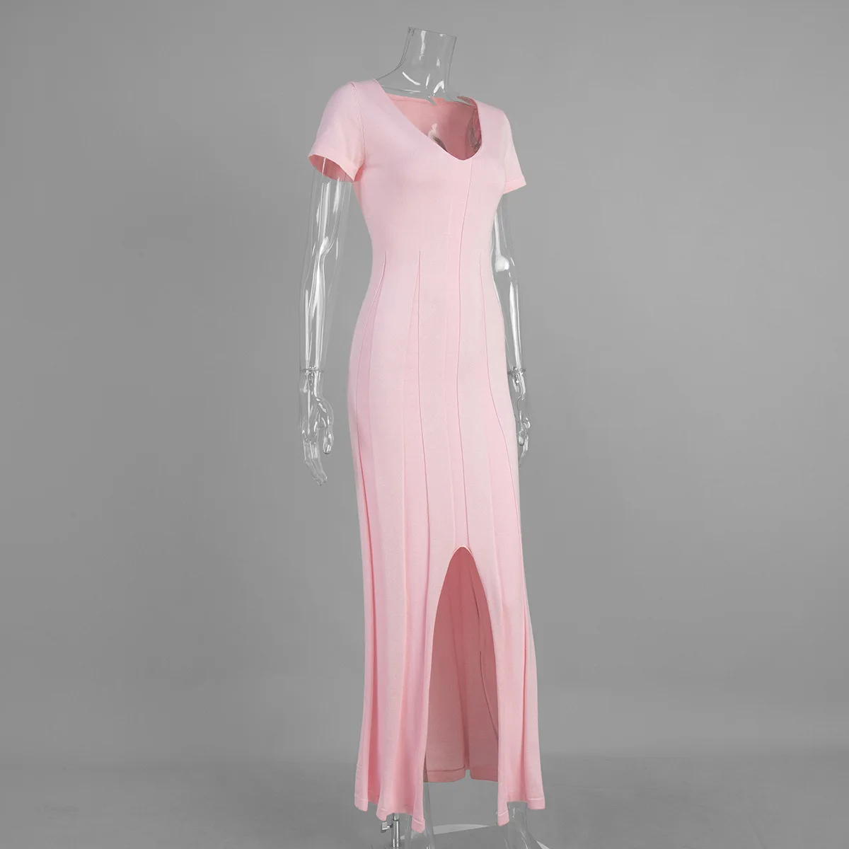TARUXY Spring Summer Short-Sleeved Knitted Dress Women Solid V-Neck Slit Long Dress Slim Sexy Commuting Leisure Dress Female New
