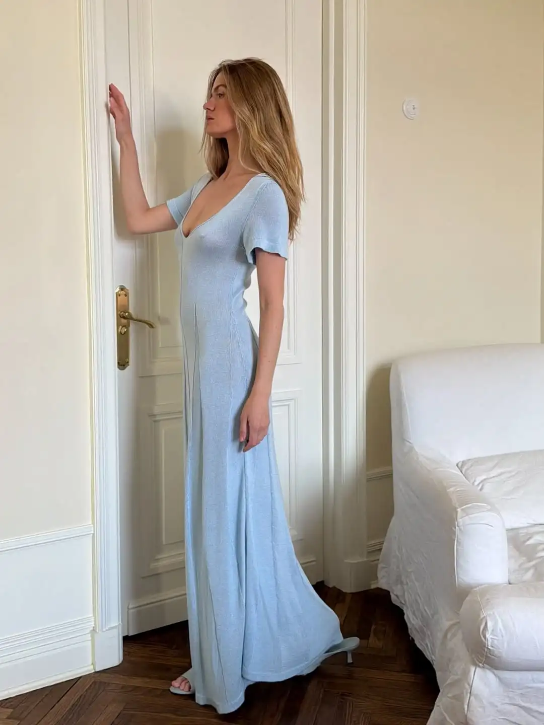 TARUXY Spring Summer Short-Sleeved Knitted Dress Women Solid V-Neck Slit Long Dress Slim Sexy Commuting Leisure Dress Female New