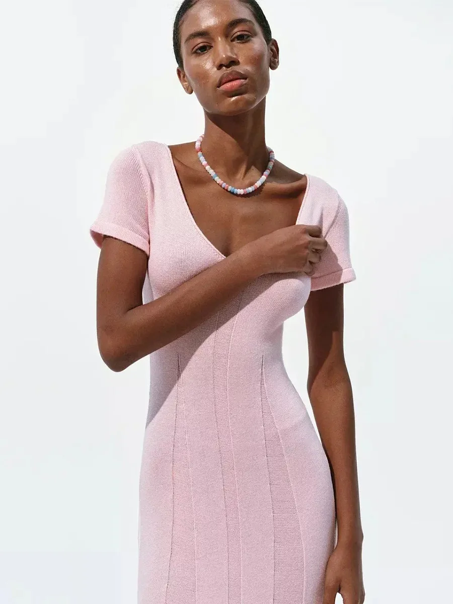 TARUXY Spring Summer Short-Sleeved Knitted Dress Women Solid V-Neck Slit Long Dress Slim Sexy Commuting Leisure Dress Female New