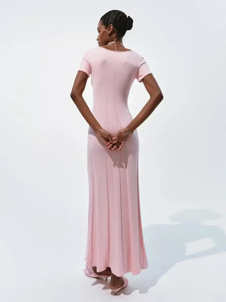 TARUXY Spring Summer Short-Sleeved Knitted Dress Women Solid V-Neck Slit Long Dress Slim Sexy Commuting Leisure Dress Female New