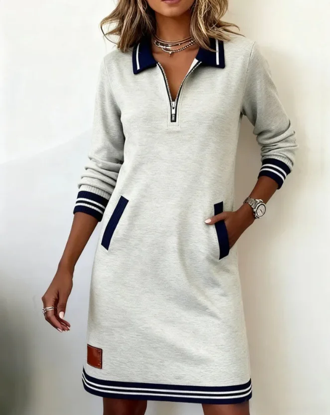 Autumn Winter Fashionable Versatile Women's Dress Casual Contrasting Color Splicing Lapel Long-sleeved Loose Dress With Pockets