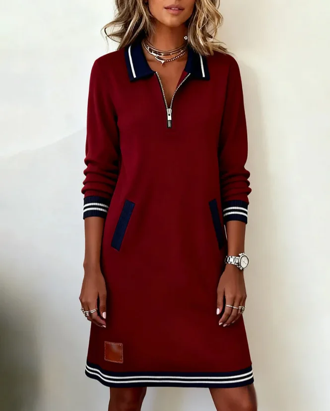 Autumn Winter Fashionable Versatile Women's Dress Casual Contrasting Color Splicing Lapel Long-sleeved Loose Dress With Pockets