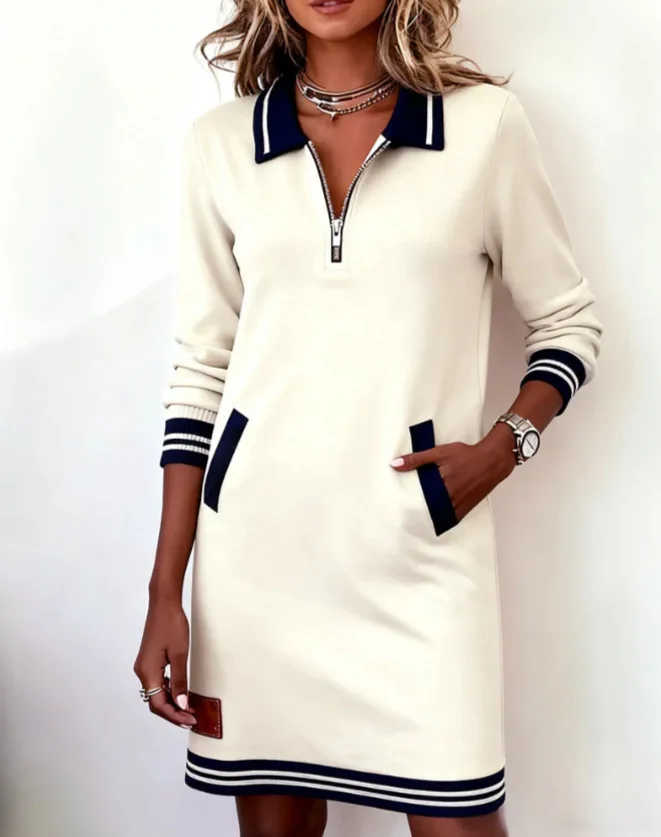 Autumn Winter Fashionable Versatile Women's Dress Casual Contrasting Color Splicing Lapel Long-sleeved Loose Dress With Pockets