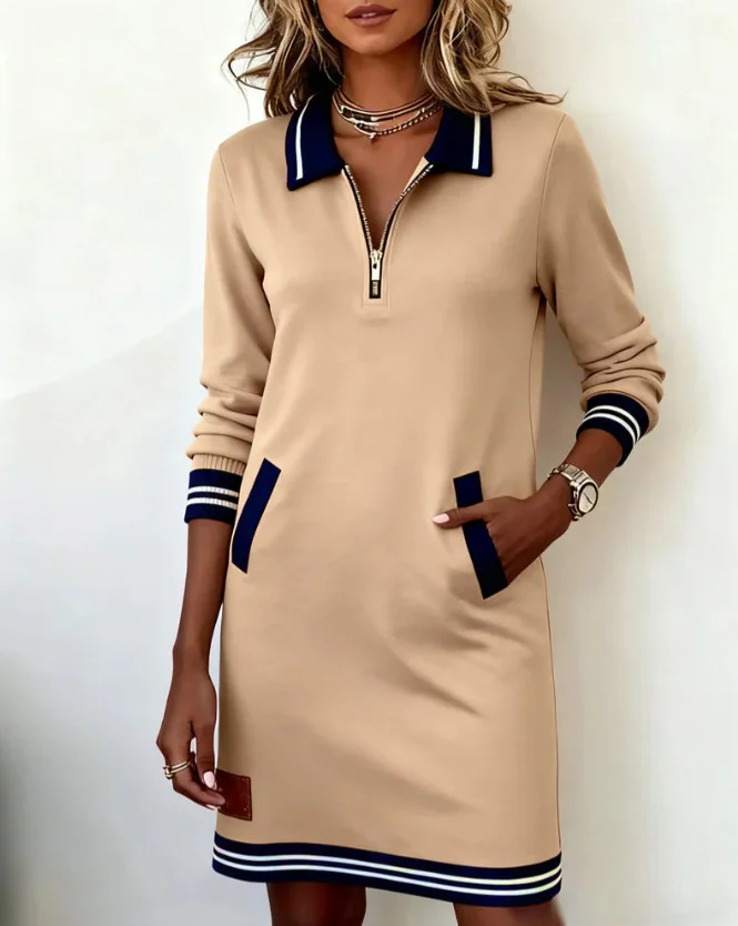 Autumn Winter Fashionable Versatile Women's Dress Casual Contrasting Color Splicing Lapel Long-sleeved Loose Dress With Pockets