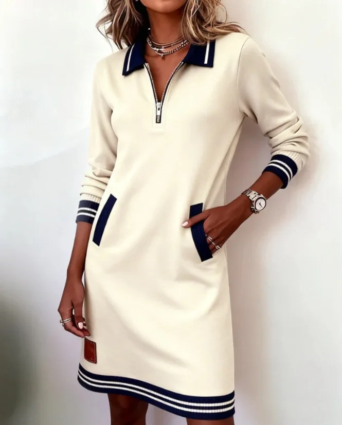 Autumn Winter Fashionable Versatile Women's Dress Casual Contrasting Color Splicing Lapel Long-sleeved Loose Dress With Pockets