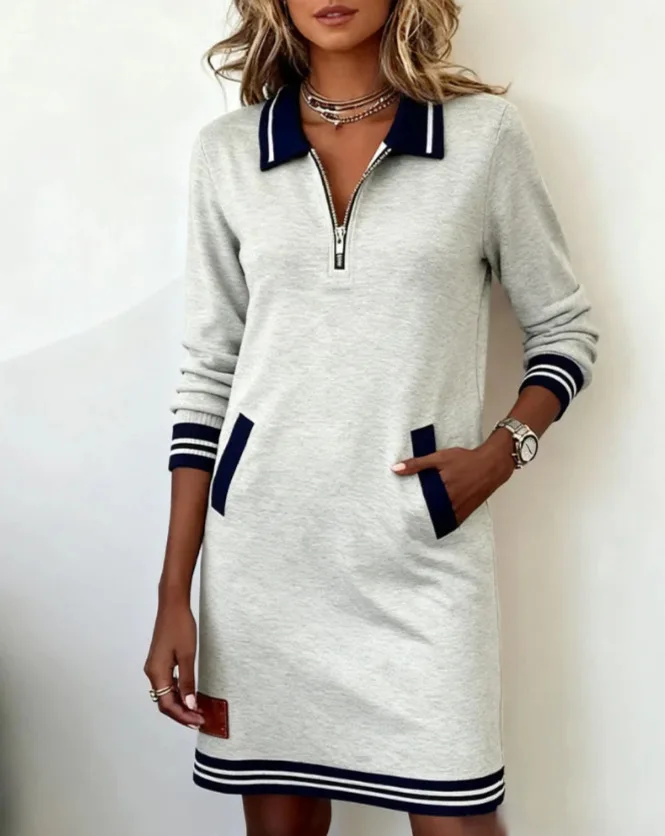 Autumn Winter Fashionable Versatile Women's Dress Casual Contrasting Color Splicing Lapel Long-sleeved Loose Dress With Pockets