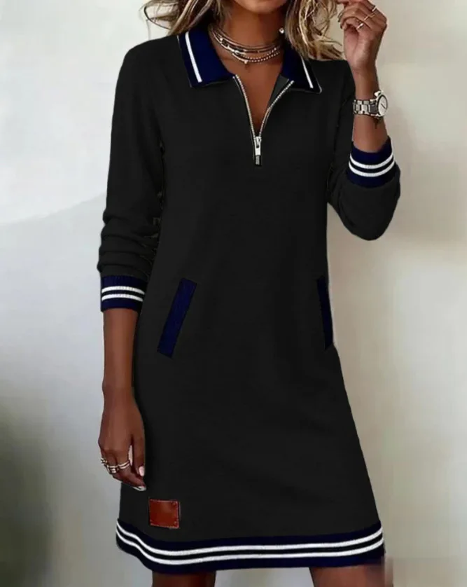 Autumn Winter Fashionable Versatile Women's Dress Casual Contrasting Color Splicing Lapel Long-sleeved Loose Dress With Pockets