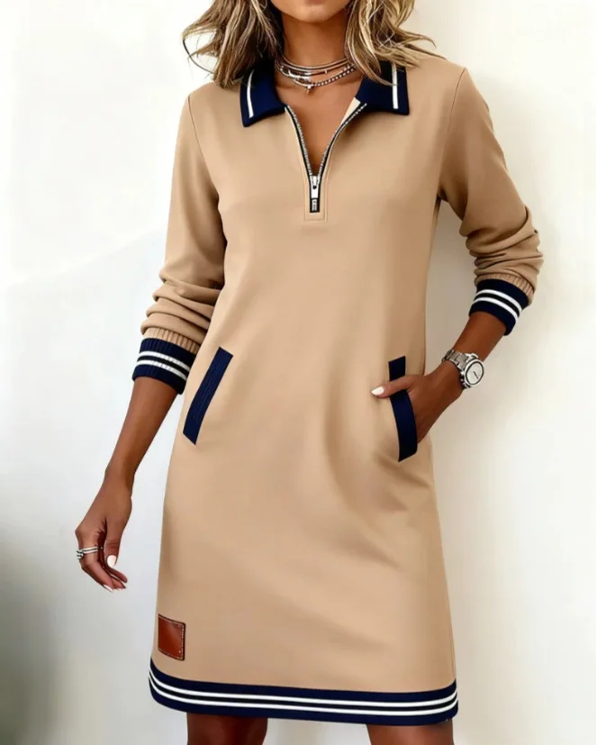 Autumn Winter Fashionable Versatile Women's Dress Casual Contrasting Color Splicing Lapel Long-sleeved Loose Dress With Pockets