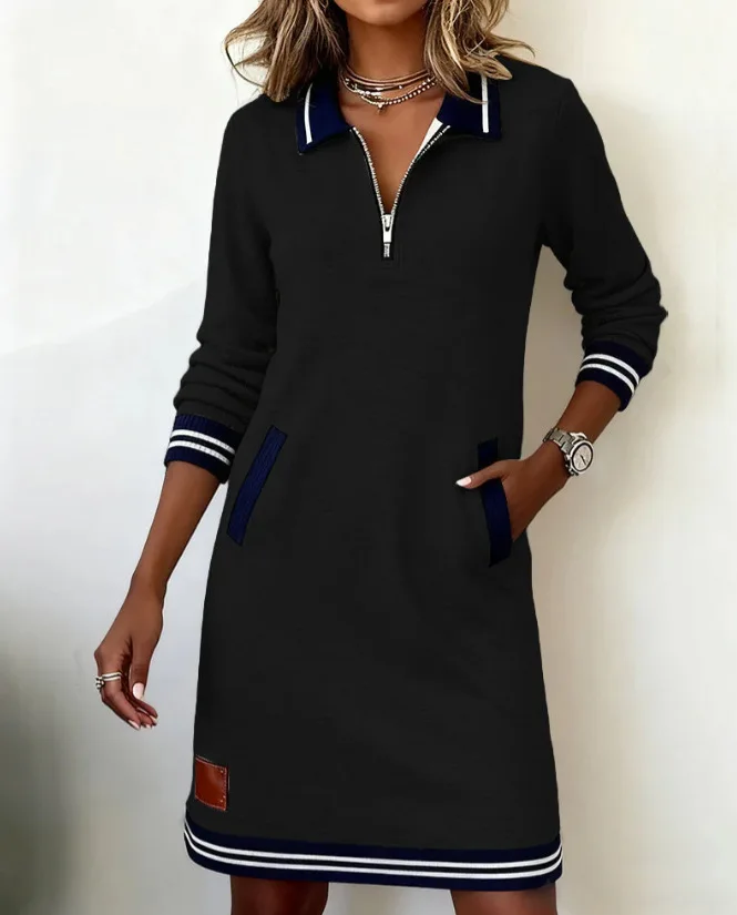 Autumn Winter Fashionable Versatile Women's Dress Casual Contrasting Color Splicing Lapel Long-sleeved Loose Dress With Pockets