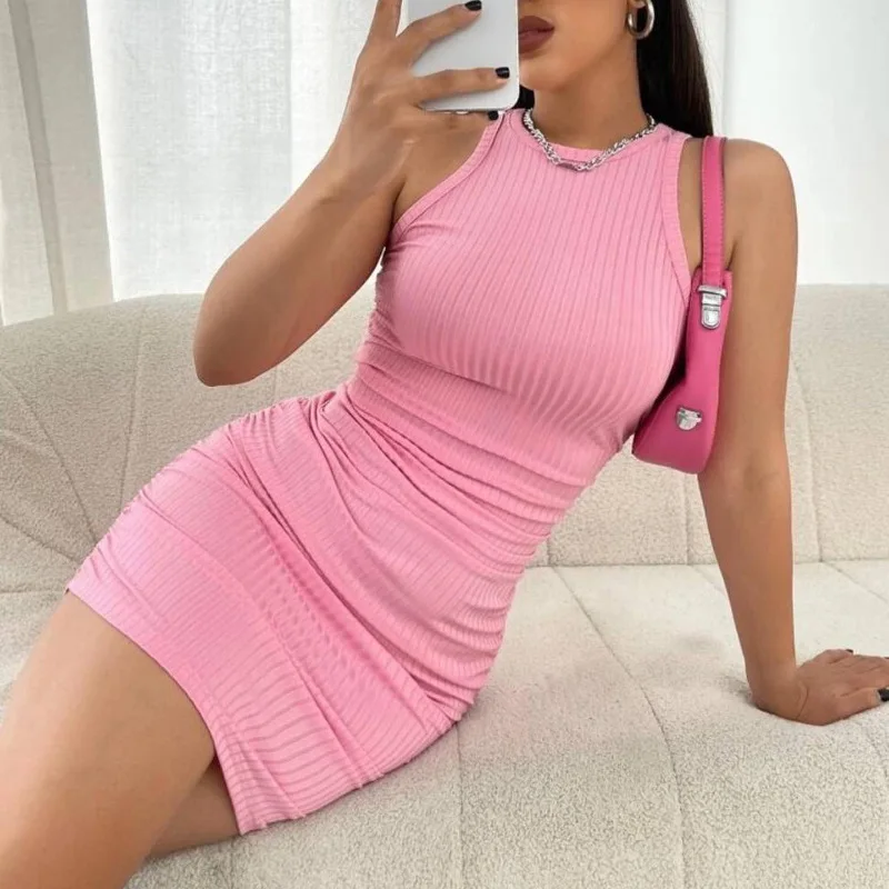 Sexy Stripes Thread Knitting Slim Bodycon Dress Women Sleeveless Solid Color Skinny Mini Dress Elegant Club Party Vestidos