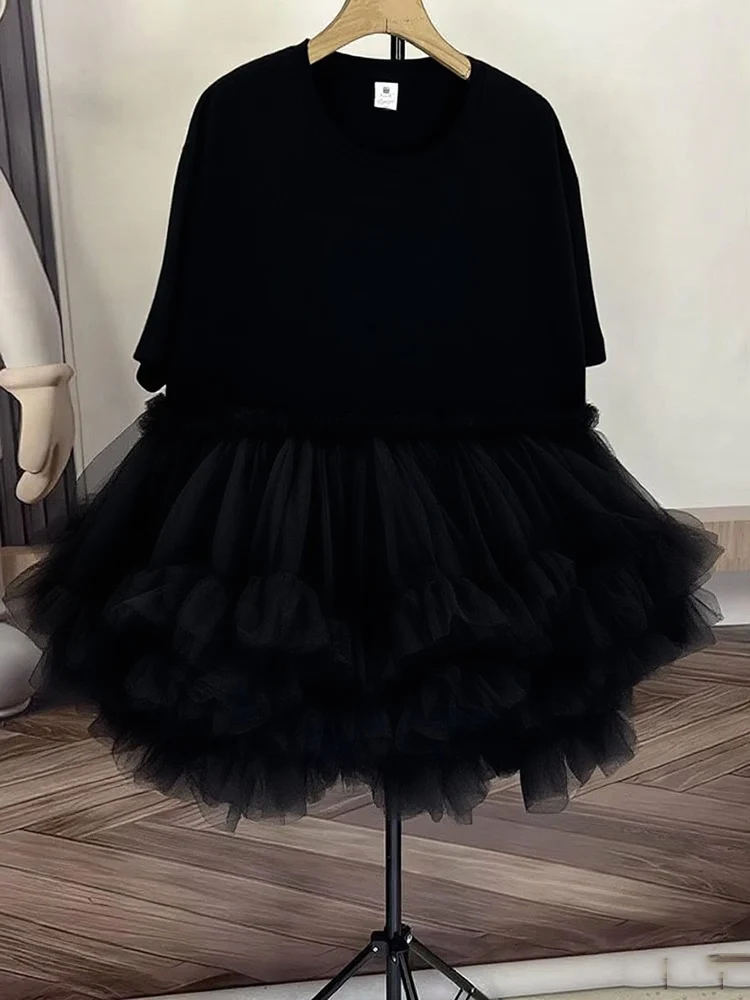 [EWQ] Fashion Streetwear Ball Gown Dress Solid Colors Spliced Irregular Mesh Loose Women Dresses 2025 Summer New Tide 16O6549