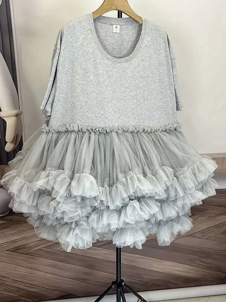 [EWQ] Fashion Streetwear Ball Gown Dress Solid Colors Spliced Irregular Mesh Loose Women Dresses 2025 Summer New Tide 16O6549