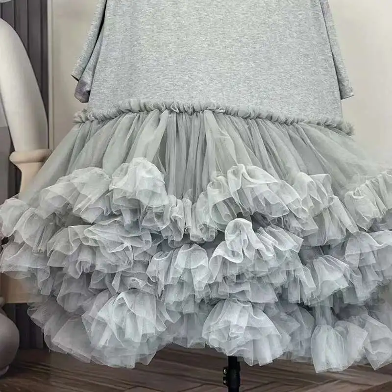 [EWQ] Fashion Streetwear Ball Gown Dress Solid Colors Spliced Irregular Mesh Loose Women Dresses 2025 Summer New Tide 16O6549
