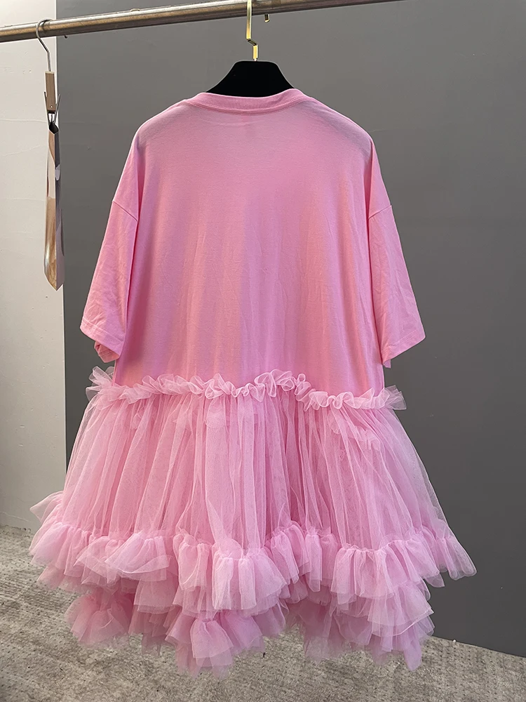 [EWQ] Fashion Streetwear Ball Gown Dress Solid Colors Spliced Irregular Mesh Loose Women Dresses 2025 Summer New Tide 16O6549