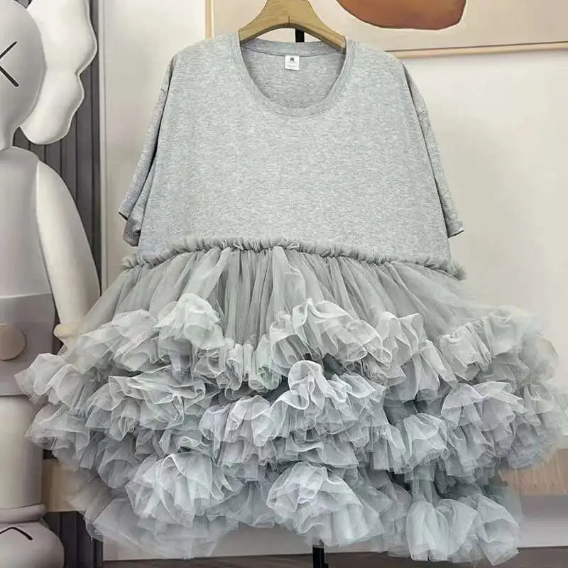 [EWQ] Fashion Streetwear Ball Gown Dress Solid Colors Spliced Irregular Mesh Loose Women Dresses 2025 Summer New Tide 16O6549
