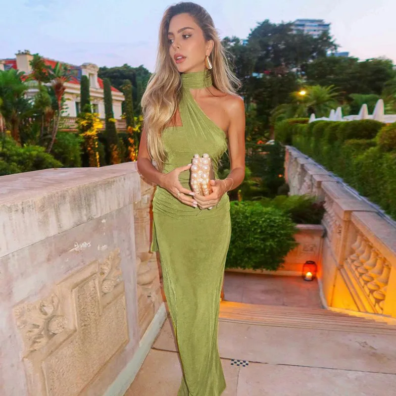 Mozision Halter Strapless Sexy Maxi Dress For Women Fashion Green Off-shoulder Backless Sleeveless Bodycon Elegant Long Dress