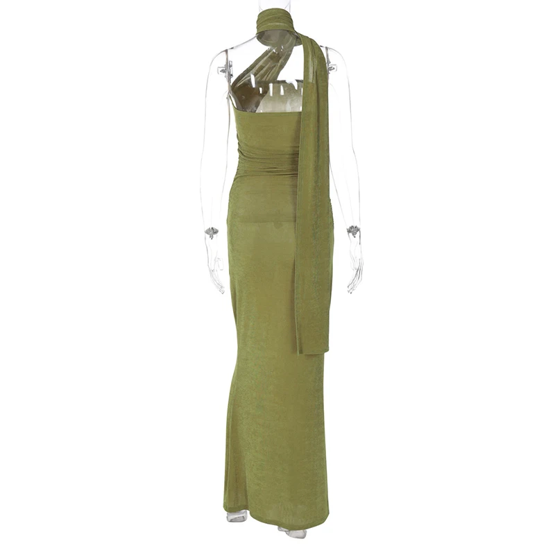 Mozision Halter Strapless Sexy Maxi Dress For Women Fashion Green Off-shoulder Backless Sleeveless Bodycon Elegant Long Dress