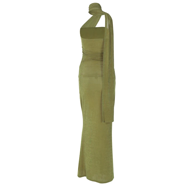 Mozision Halter Strapless Sexy Maxi Dress For Women Fashion Green Off-shoulder Backless Sleeveless Bodycon Elegant Long Dress