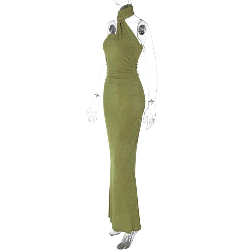 Mozision Halter Strapless Sexy Maxi Dress For Women Fashion Green Off-shoulder Backless Sleeveless Bodycon Elegant Long Dress